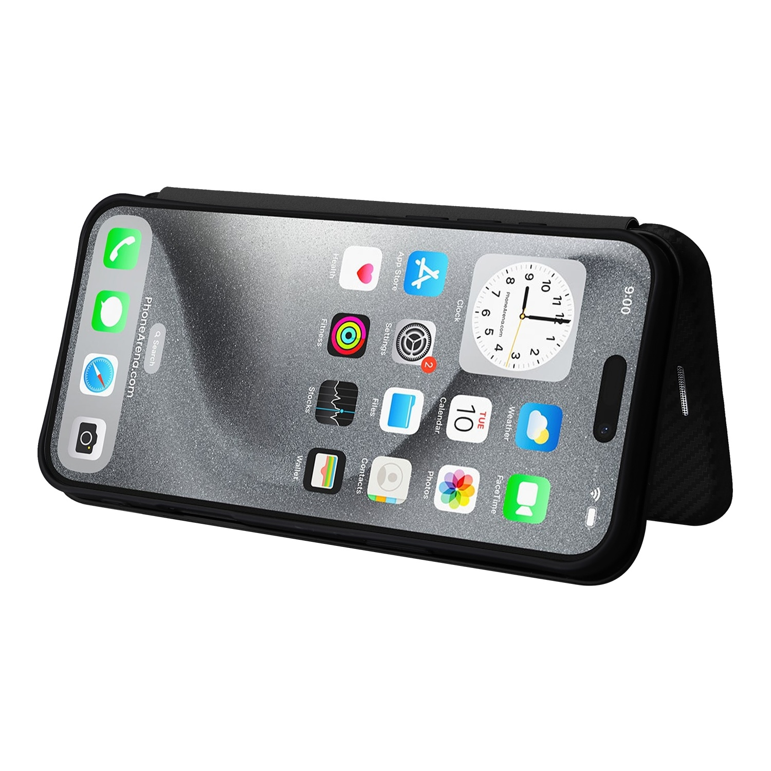 Schwarzes iPhone mit Apps auf dem Bildschirm, in einem schwarzen Gehäuse aufgestellt.
