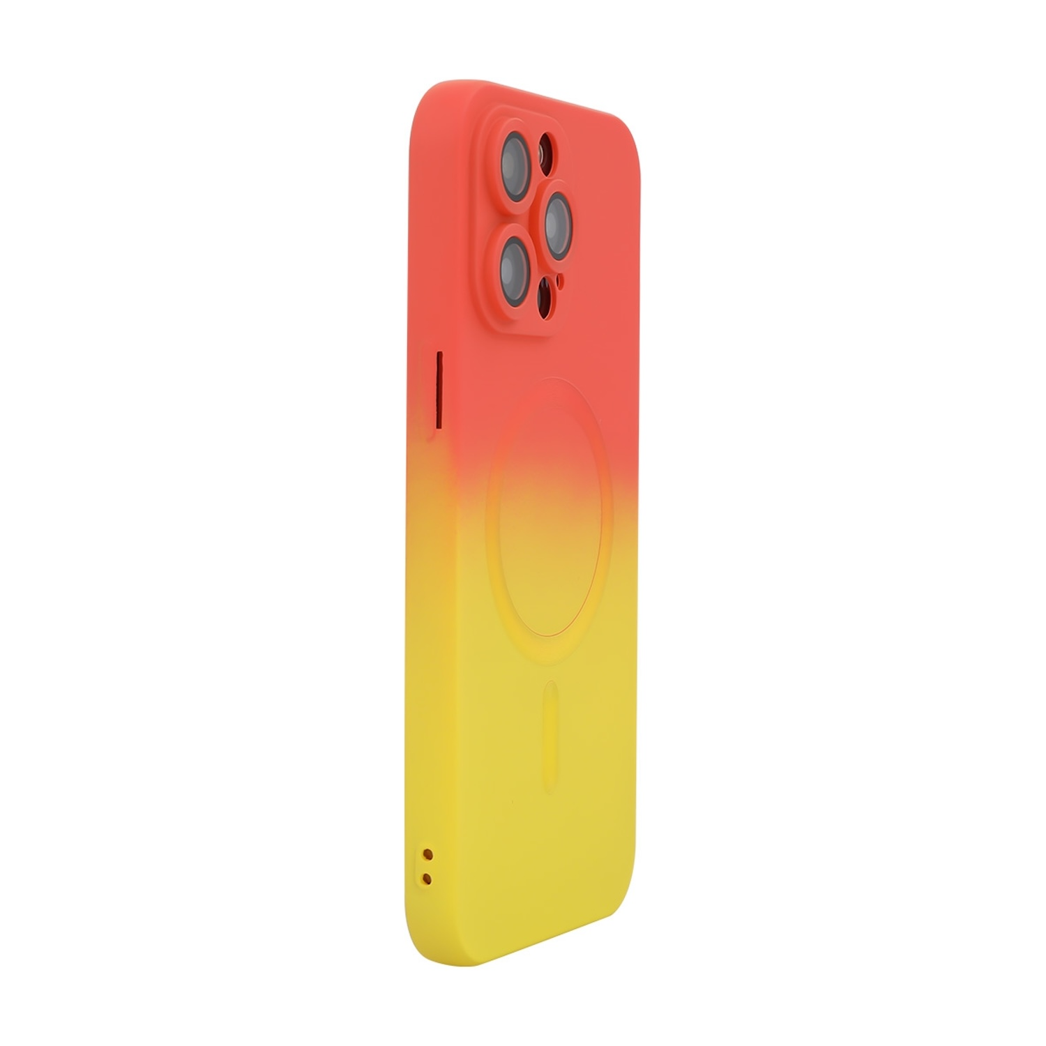 iPhone-Hülle, rot-gelber Farbverlauf, drei Kameraausschnitte.