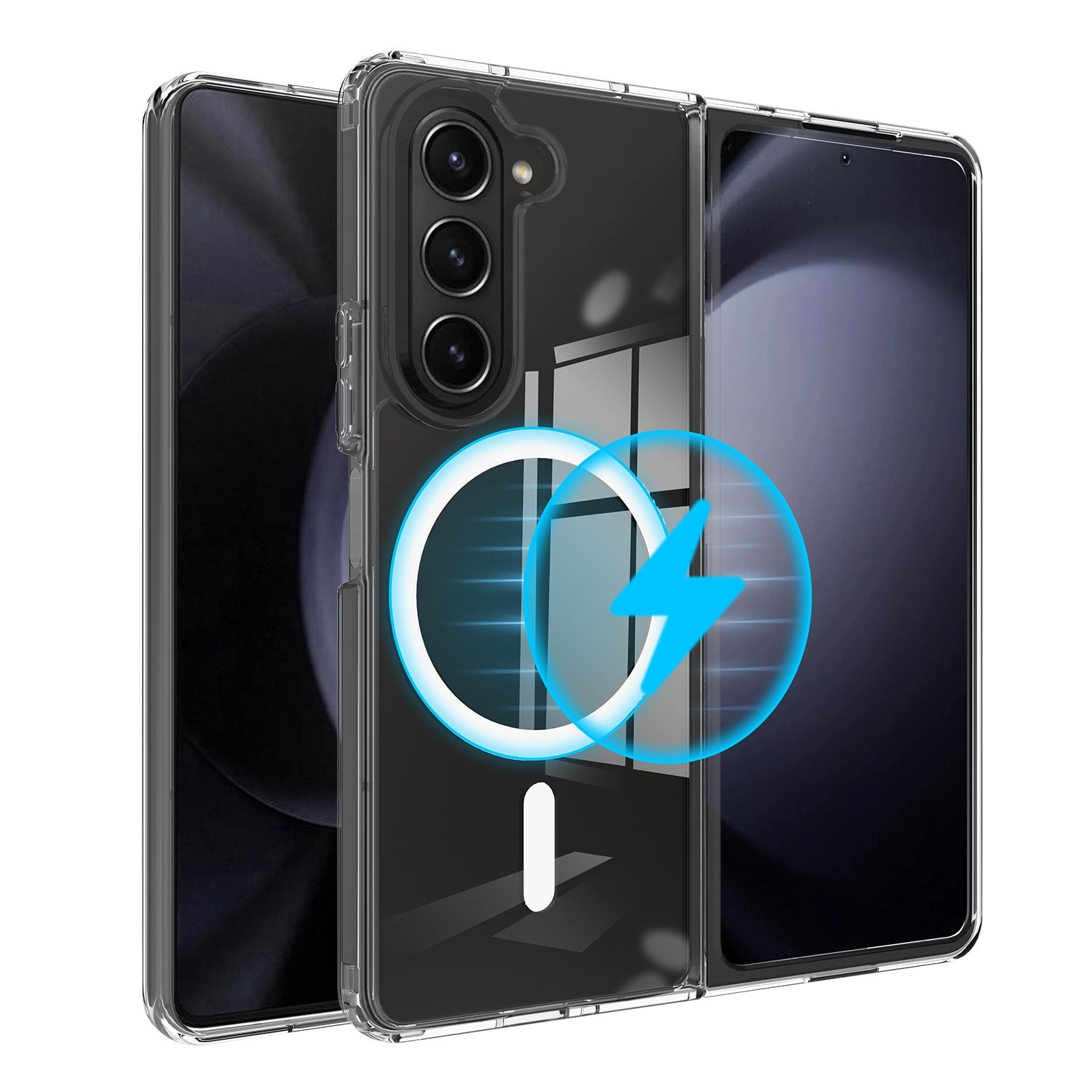 Eine transparente Handyhülle mit einem Telefon darin, und ein Telefon daneben. Ein Ladesymbol ist überlagert.