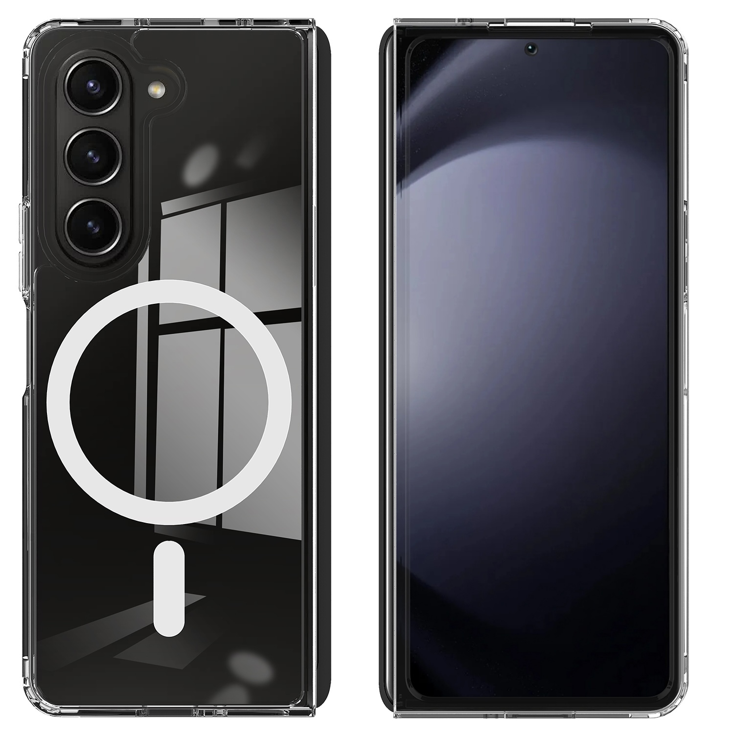 Zwei Smartphones in transparenten Hüllen. Eines geschlossen, mit Kameralinsen und Magnetring. Das andere ist offen.
