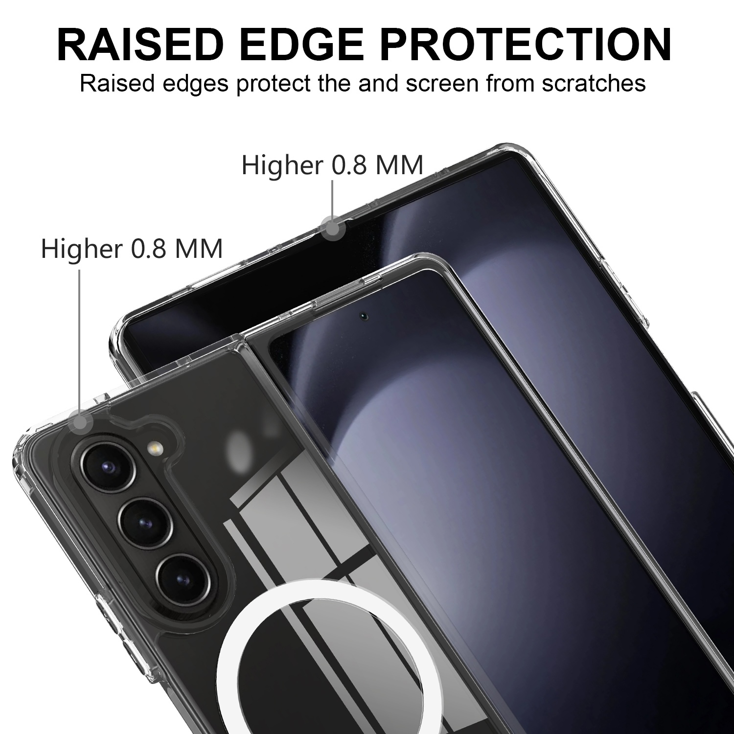 Zwei Handys mit Schutzhülle. Erhöhte Kanten auf einem sind sichtbar. Text: 'Raised Edge Protection'.
