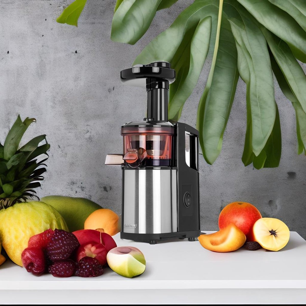 Exprimidor con frutas y una hoja. Combinación de colores rojo, verde y plata.