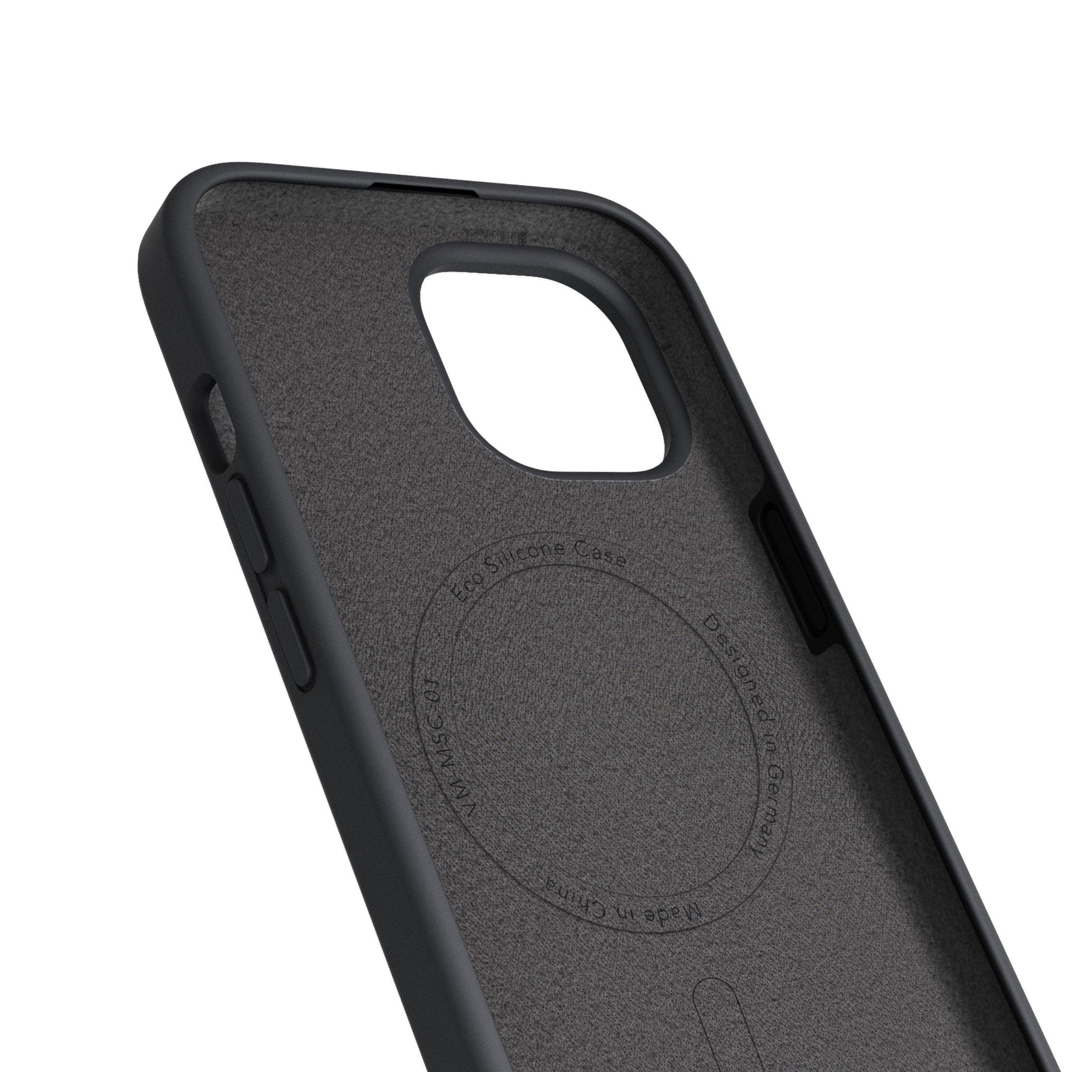 Intérieur d'étui de téléphone noir. Intérieur gris foncé avec texte 'Eco Silicone Case' et 'Made in China'.