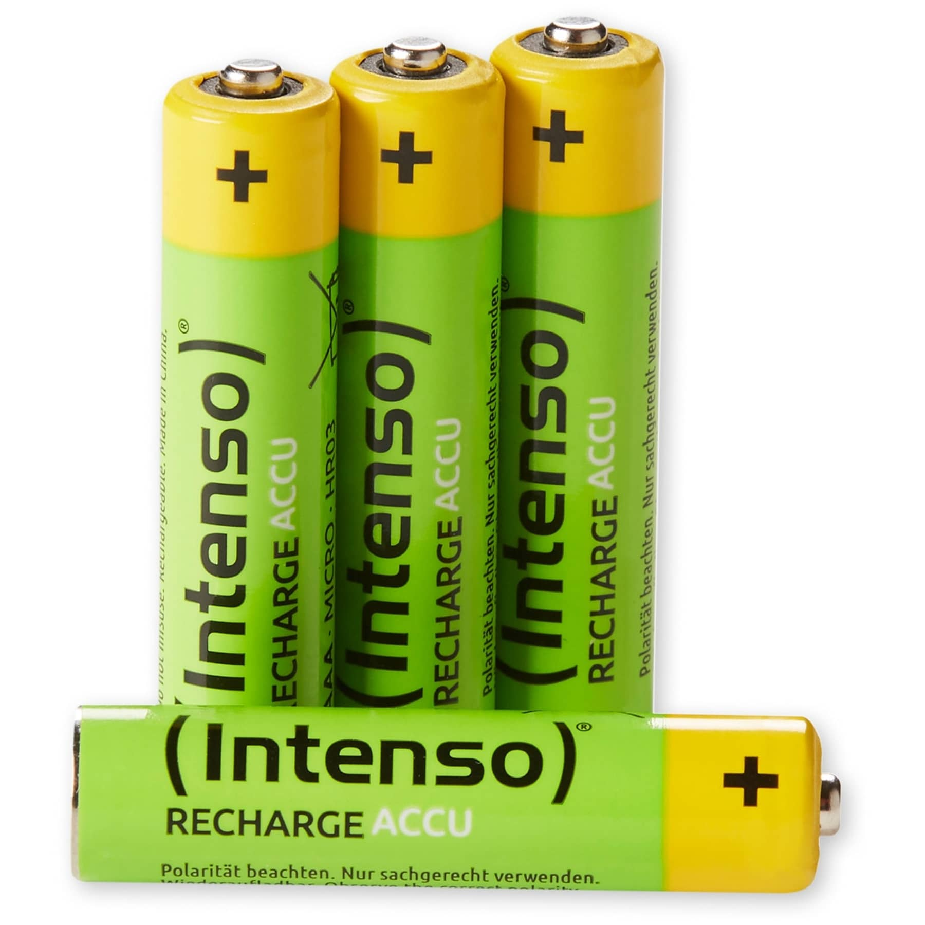 Quattro batterie ricaricabili AA. Verde e giallo con la parola Intenso. Simbolo più in alto.