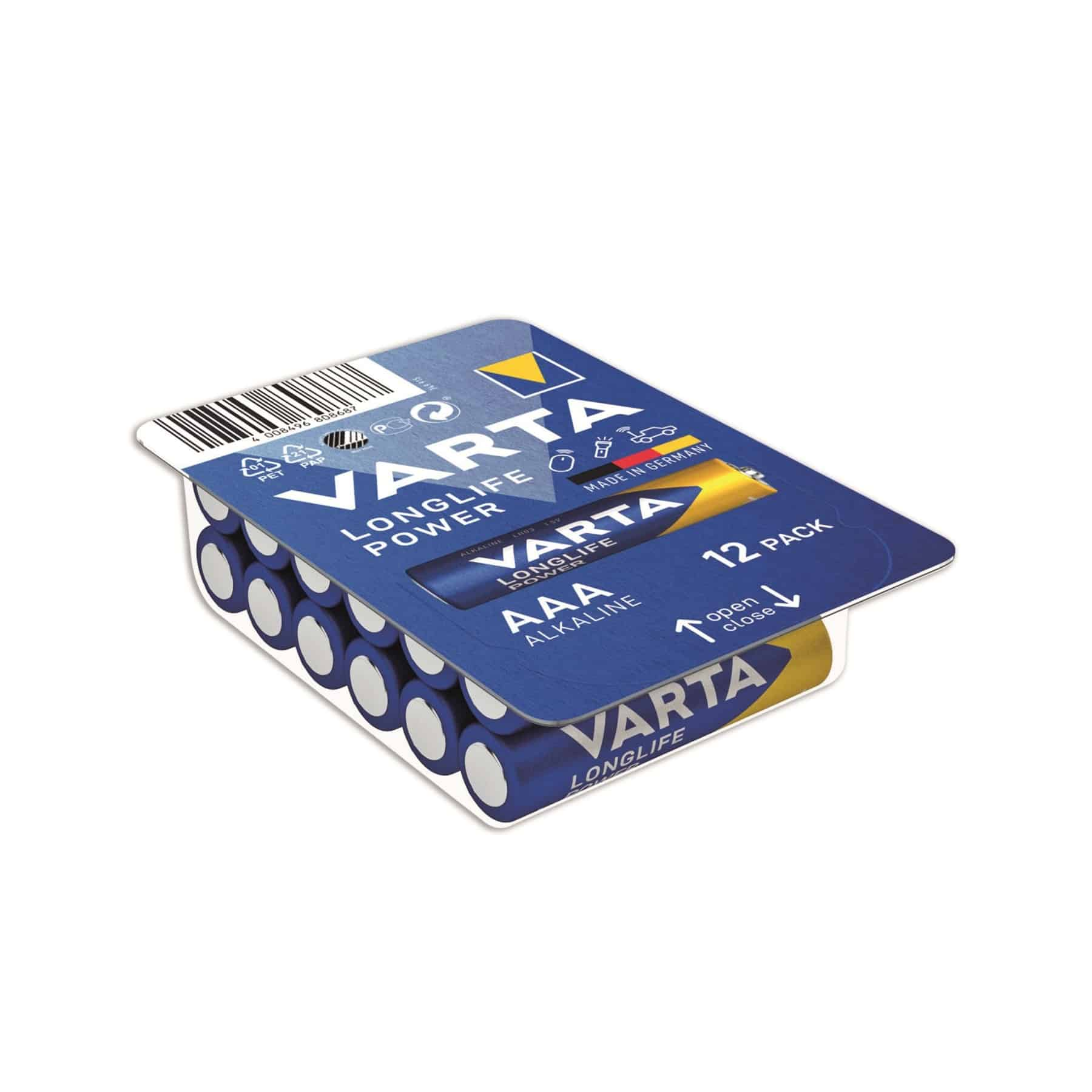 Opakowanie 12 baterii AAA w niebiesko-białym opakowaniu. Baterie są niebieskie i żółte.