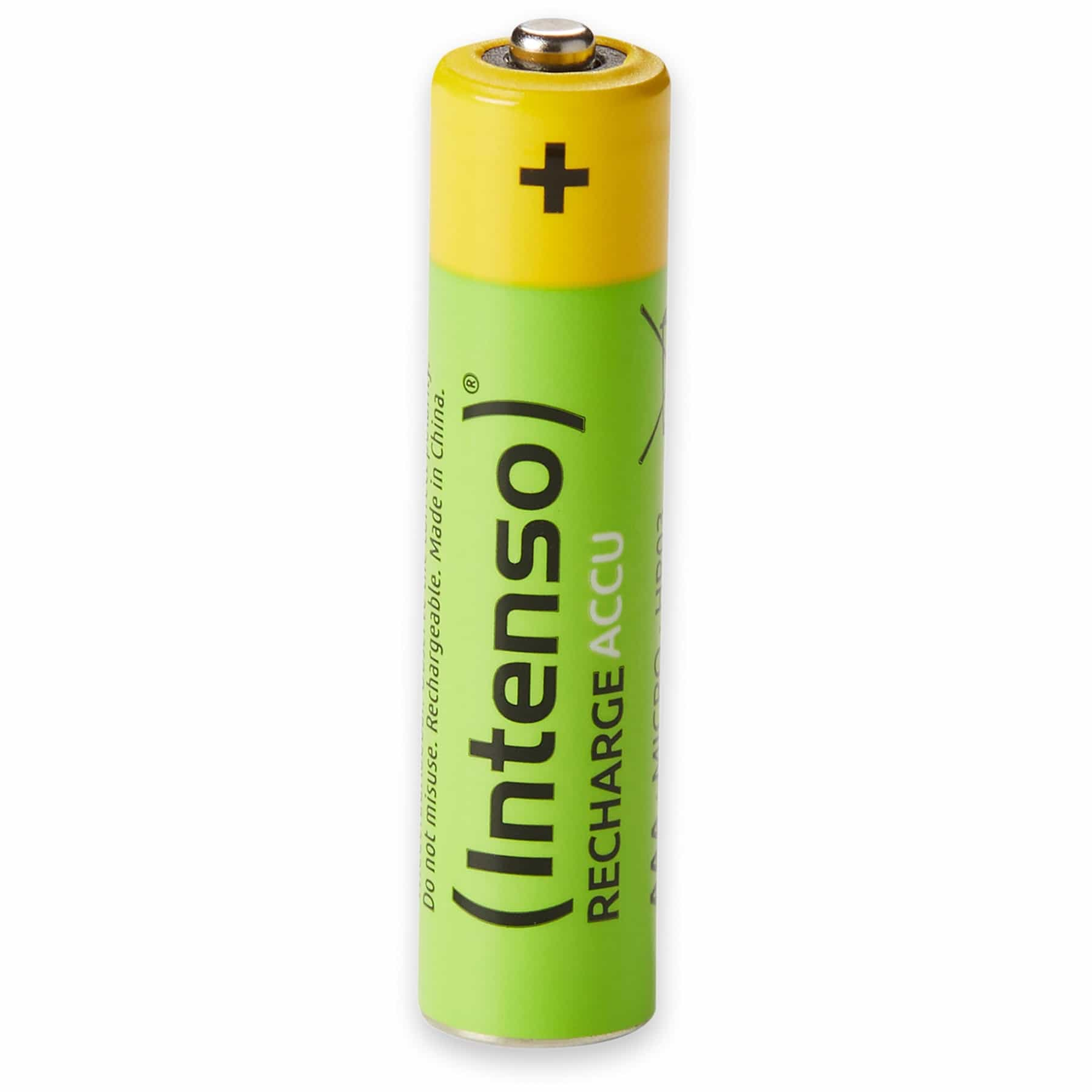 Batteria ricaricabile Intenso verde e gialla, in piedi su sfondo bianco.