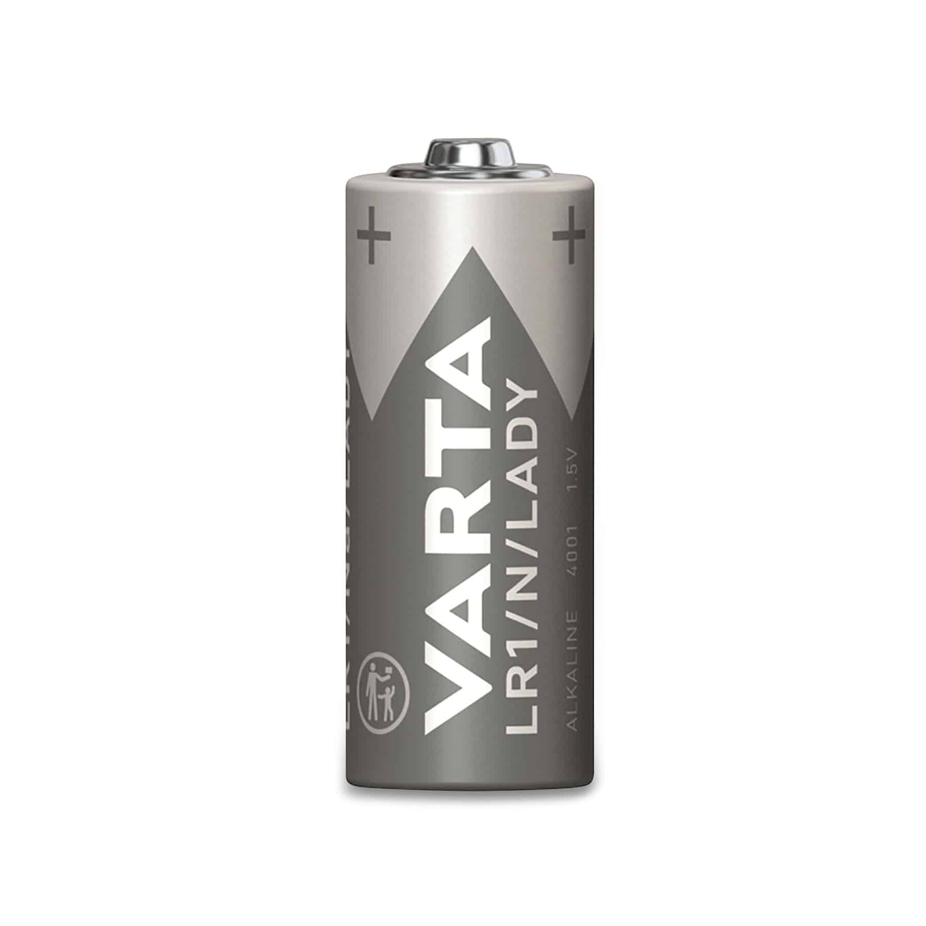 Een zilveren VARTA LR1/N/LADY-batterij met zwart-witte tekst en een plus-teken aan elk uiteinde.