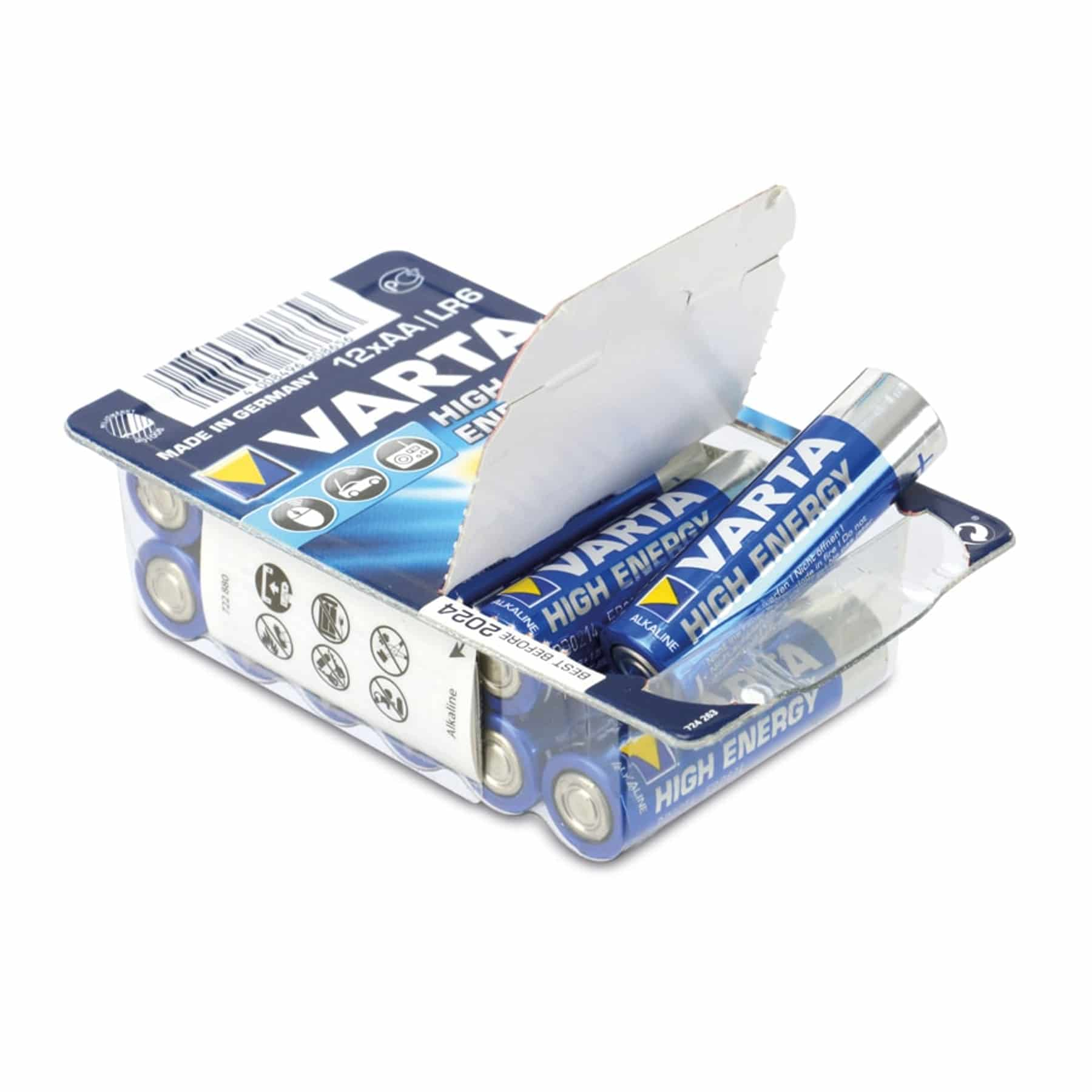 Packung AA-Batterien, Marke Varta. Batterien sind blau und silber, in einem transparenten Kunststoffbehälter.