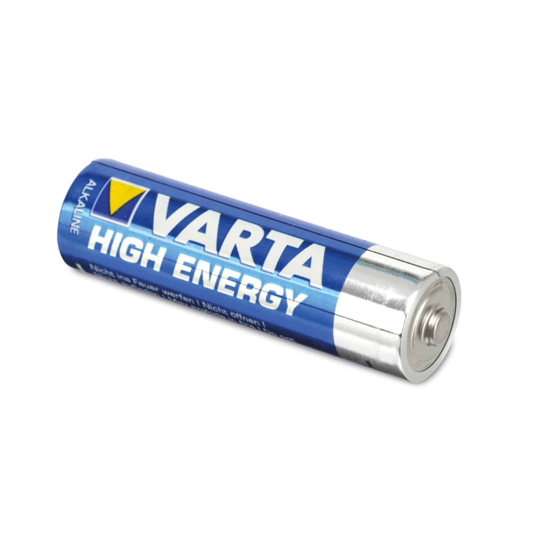 Blaue und silberne AA-Batterie mit dem VARTA High Energy Logo.