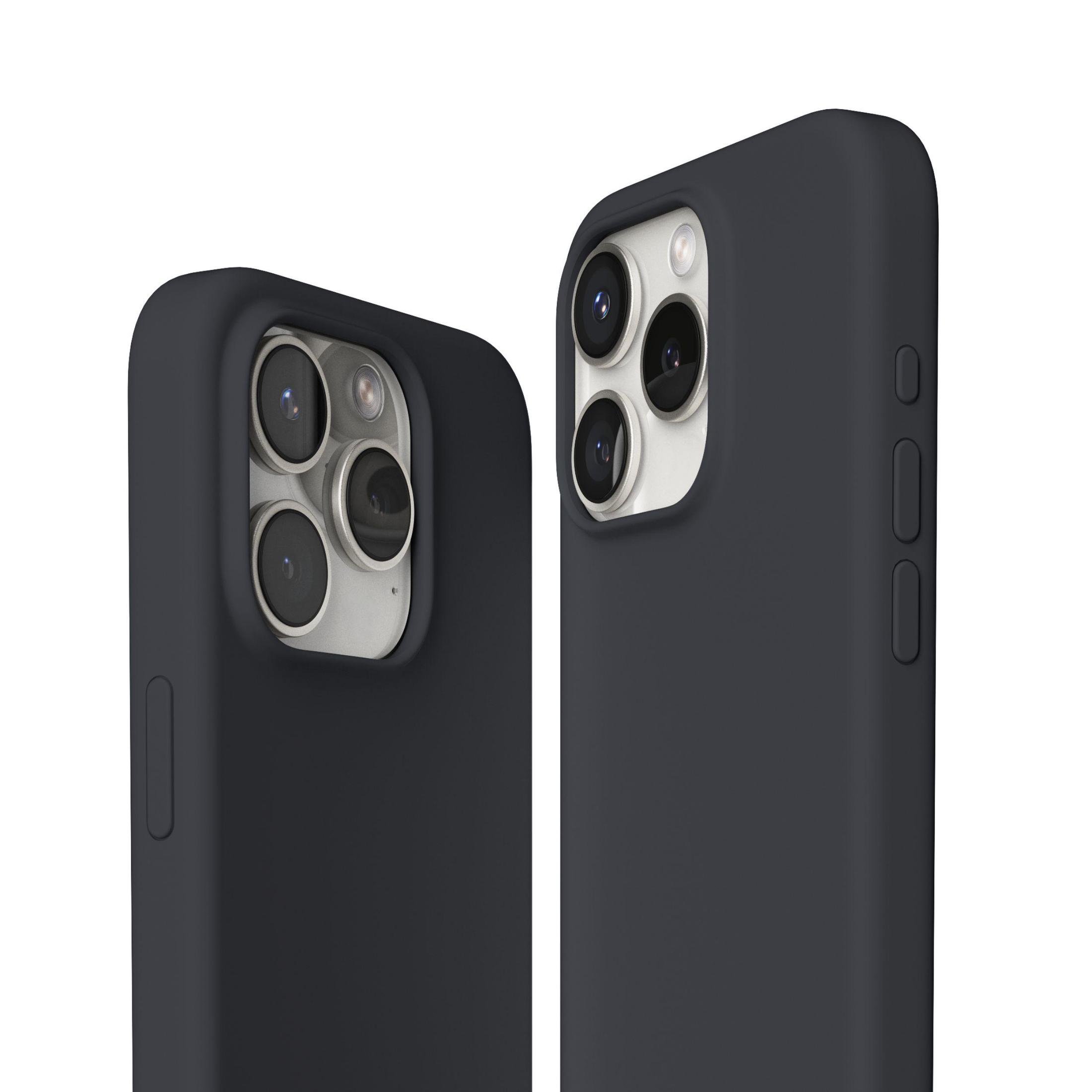 Gros plan sur deux coques de téléphone bleu foncé, montrant les découpes de l'appareil photo.