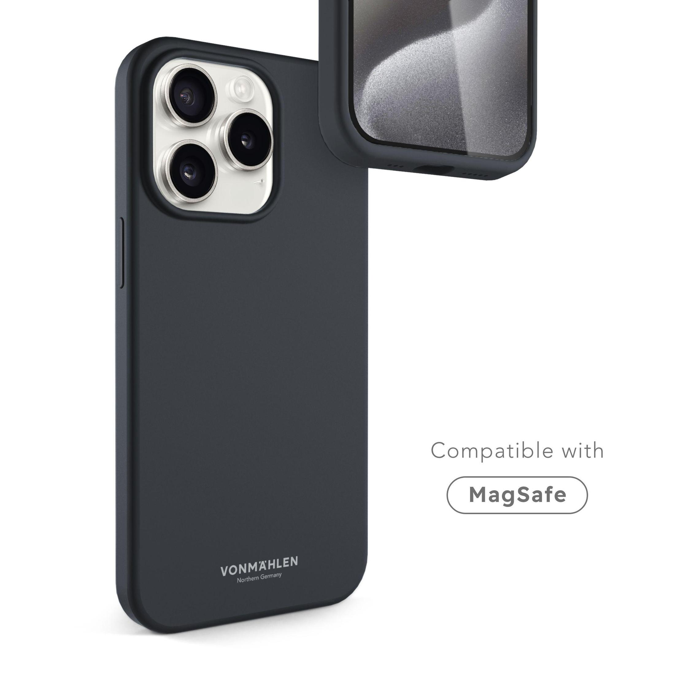 Une coque de téléphone noire, montrant l'arrière d'un smartphone. Compatible avec MagSafe.