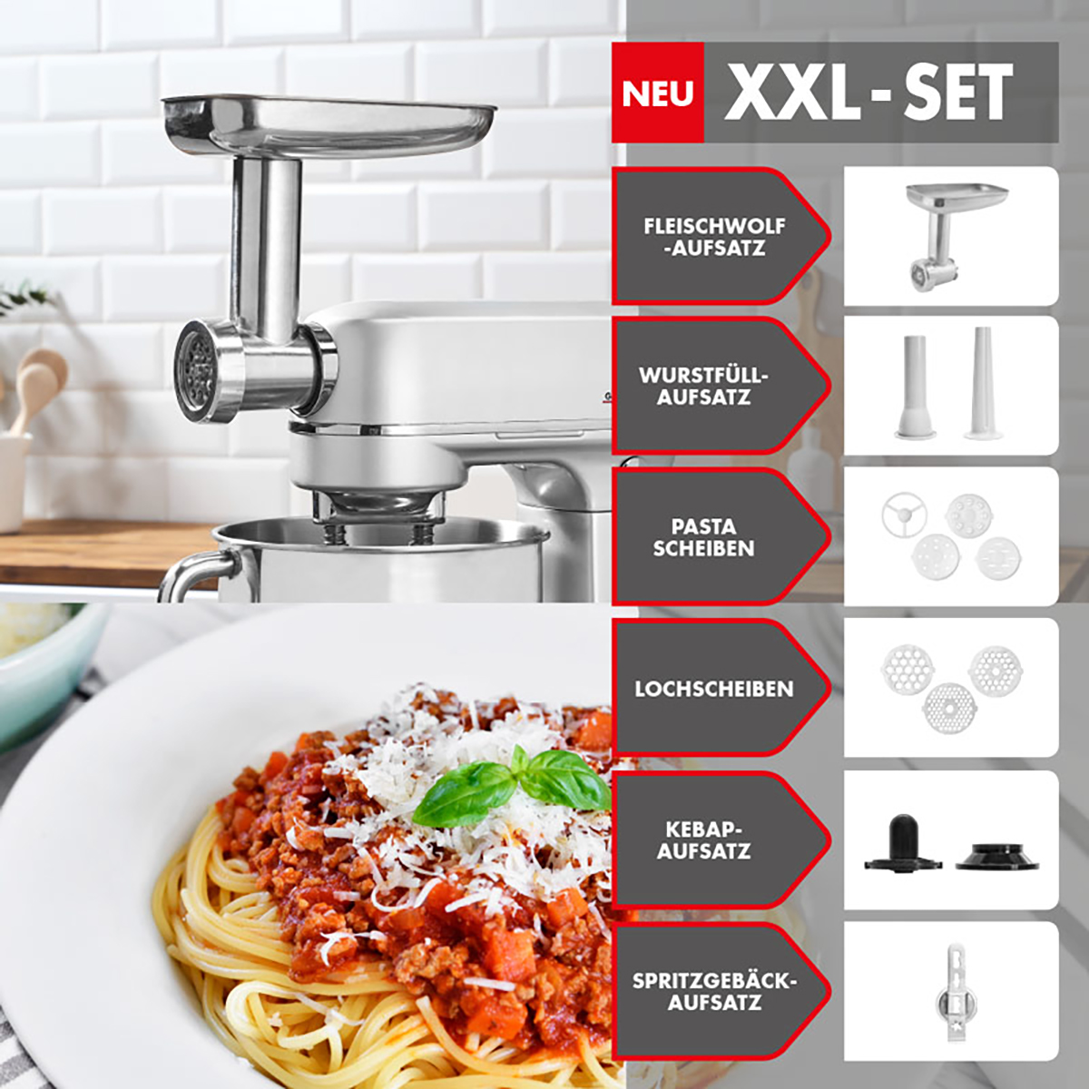 Weißer Küchenmixer mit mehreren Aufsätzen, einschließlich Fleischwolf und Pastaschneidern.