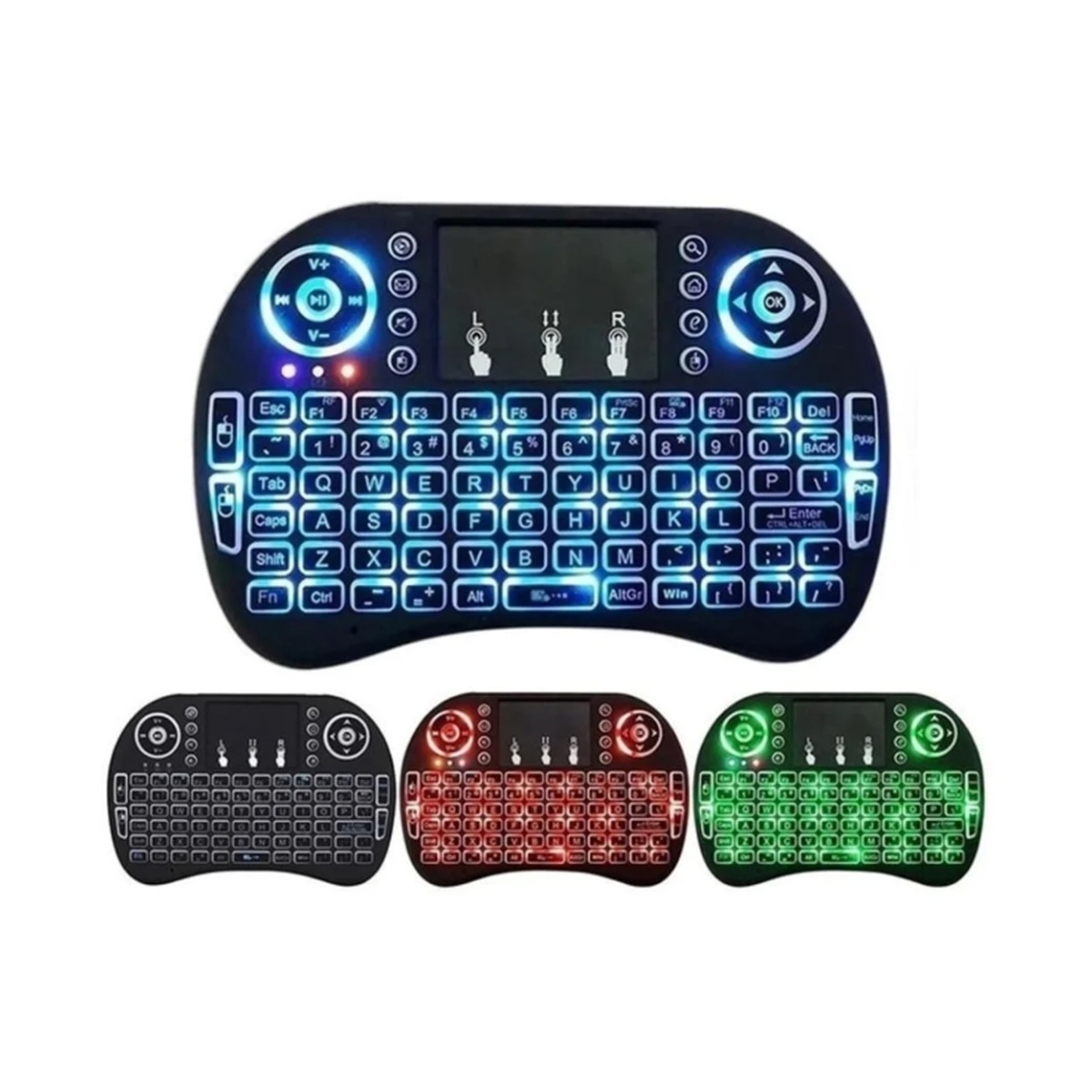 Schwarze und blaue Mini-Tastatur mit Hintergrundbeleuchtung. Drei weitere, rot, grün und schwarz, sind unten.