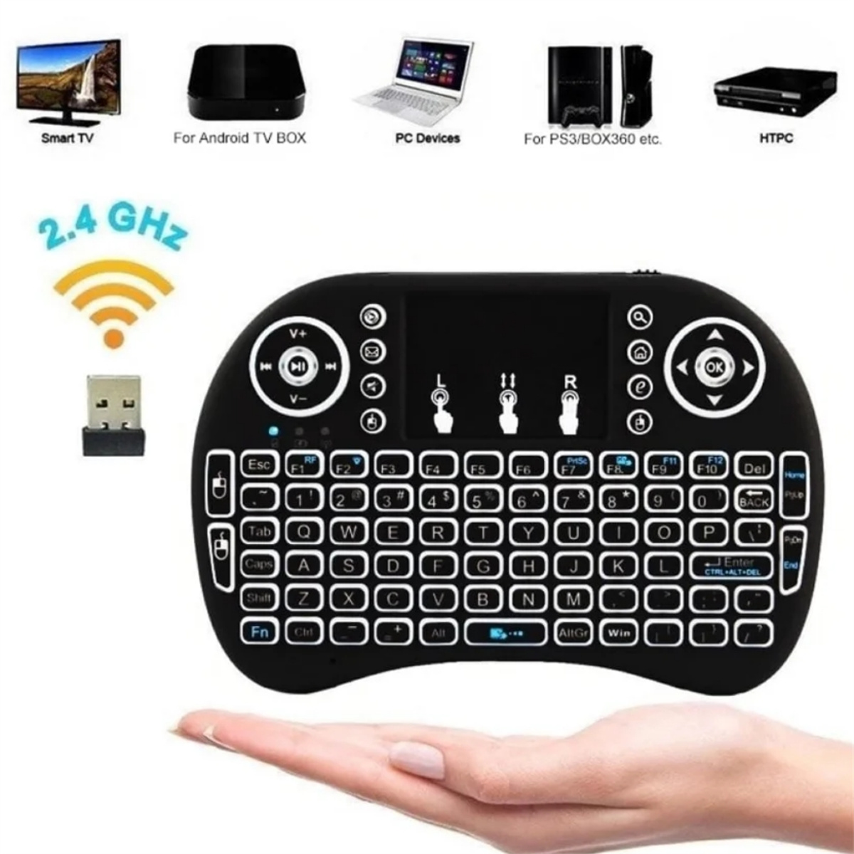 Eine schwarze Tastatur mit Touchpad, umgeben von Gerätesymbolen und einem 2,4 GHz-Logo.