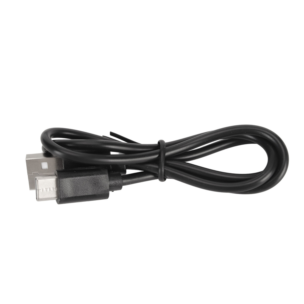 Ein schwarzes USB-Ladekabel. Das Kabel hat zwei verschiedene Enden.