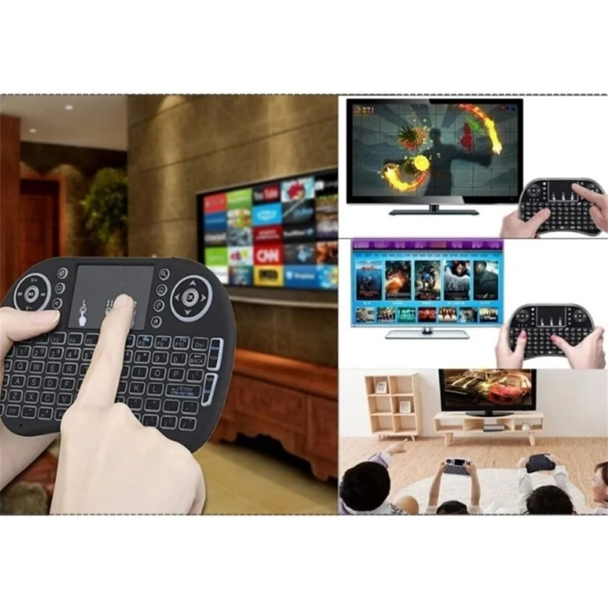 Mehrere Bildschirme zeigen Spiele und Videos, gesteuert von einer Tastatur mit Touchpad.