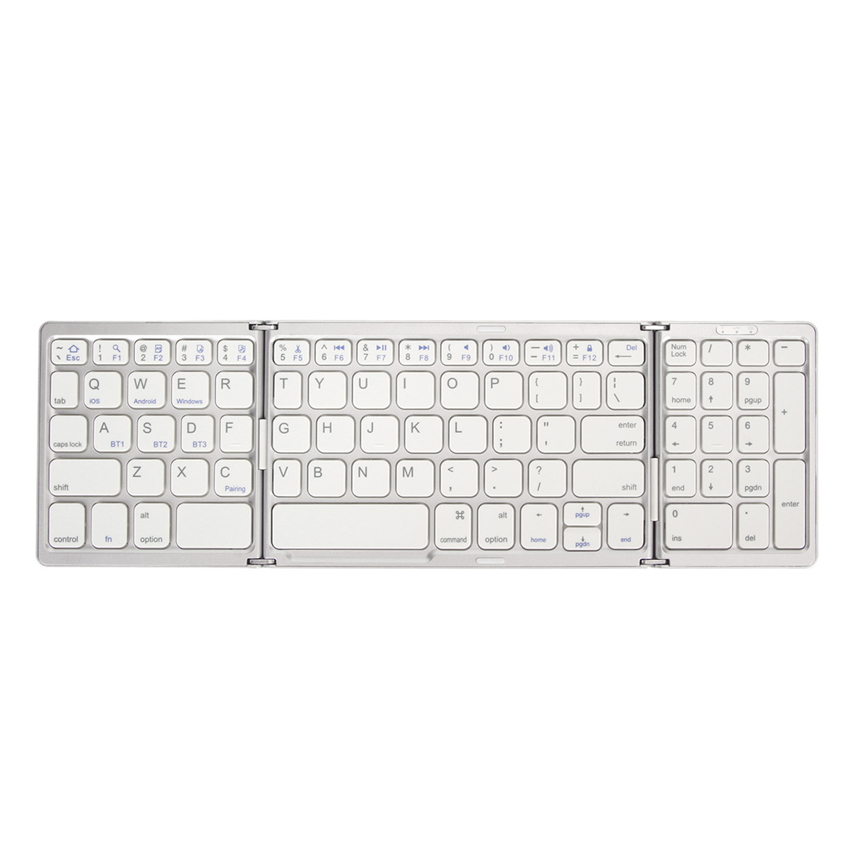 Weiße, faltbare Tastatur mit kompaktem Design und Windows-, Android- und iOS-Etiketten.