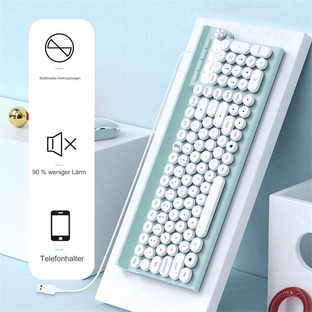 Eine Tastatur mit runden Tasten, einer Telefonhalterung und Symbolen zur Geräuschreduzierung.