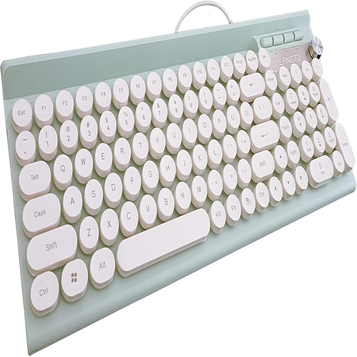 Eine mintgrüne Tastatur mit runden weißen Tasten, Retro-Design und einem silbernen Lautstärkeregler.