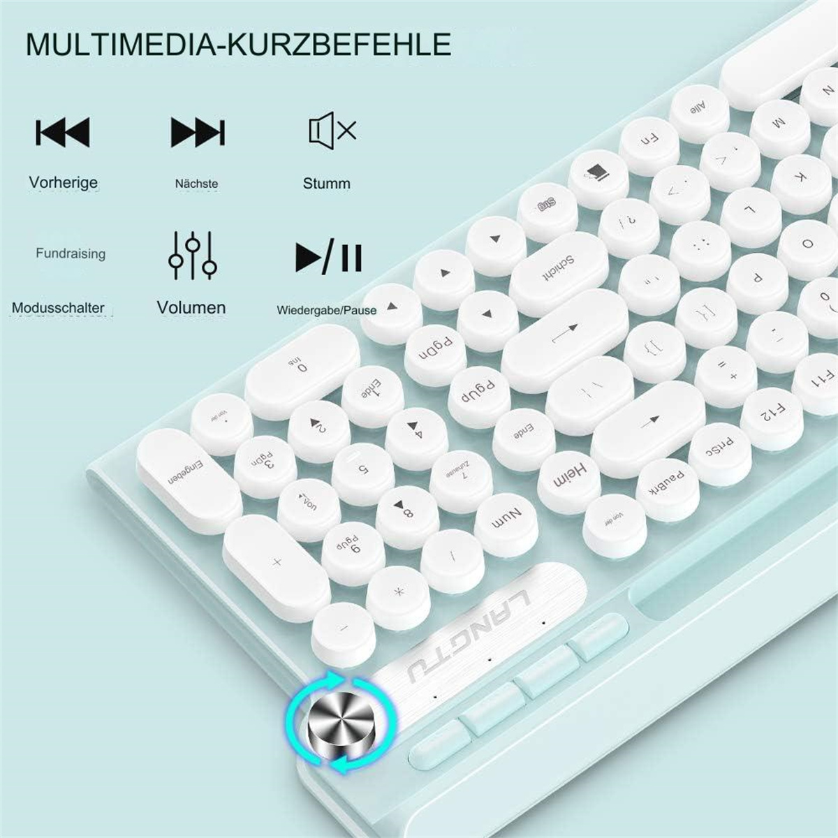 Eine hellblaue Tastatur mit weißen runden Tasten und Multimedia-Bedienelementen.
