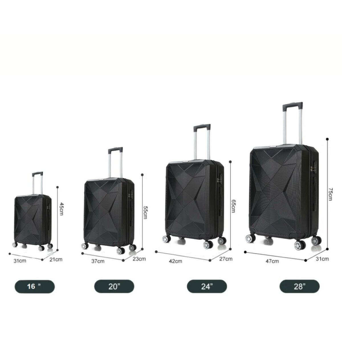 Vier schwarze Koffer in verschiedenen Größen, beschriftet mit 16", 20", 24" und 28".