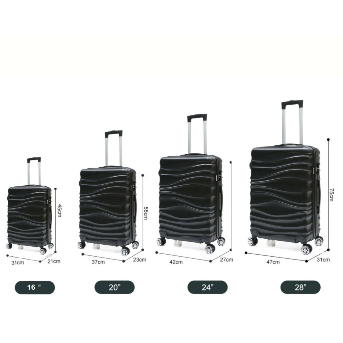 Vier schwarze Koffer in verschiedenen Größen, mit Maßangaben.