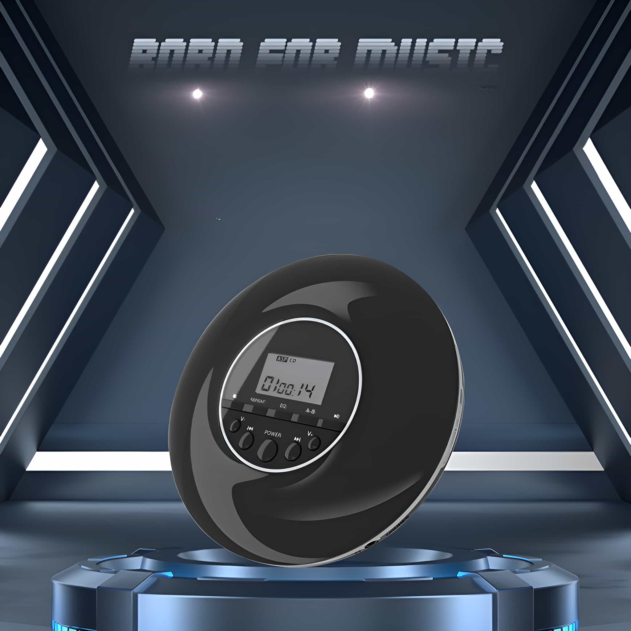 Schwarzer tragbarer CD-Player mit Display und Knöpfen auf einer blau beleuchteten Plattform.