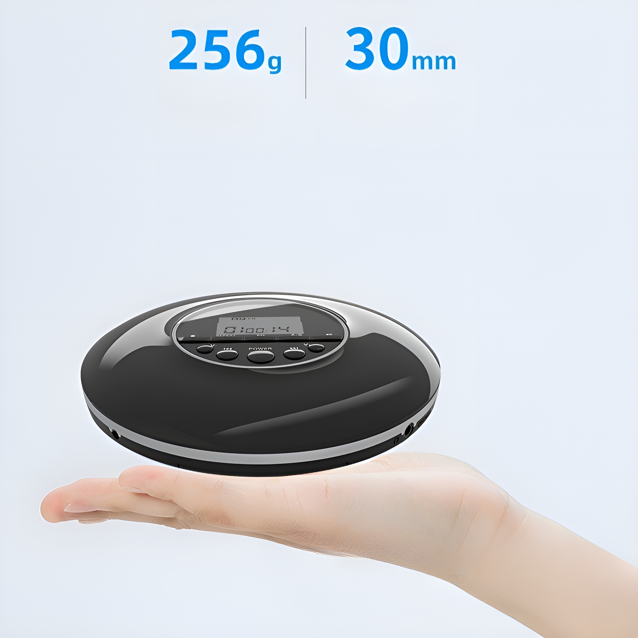 Schwarzer, runder, tragbarer CD-Player mit Display, in der Hand gehalten. Text: „256g“ und „30mm“.