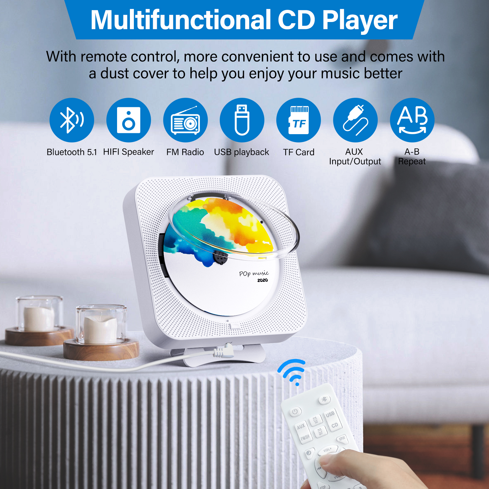 Ein weißer CD-Player zeigt eine CD. Symbole für Funktionen umgeben ihn. Unten befindet sich eine Fernbedienung.