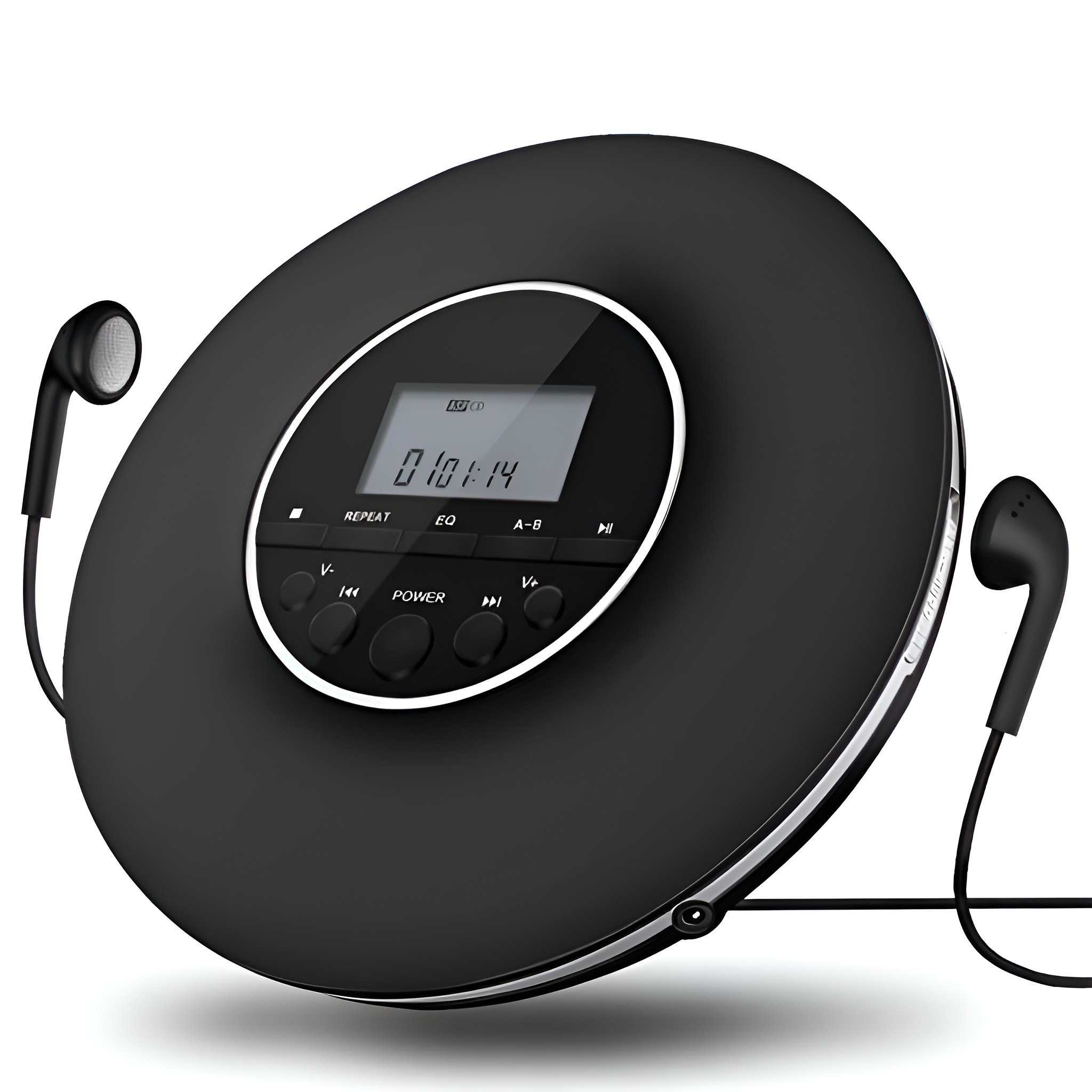 Schwarzer tragbarer CD-Player mit Kopfhörern. Player zeigt einen Bildschirm mit Zahlen und Knöpfen.