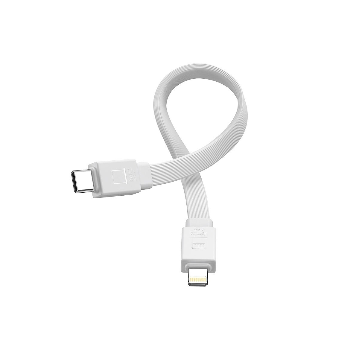 Biały kabel ze złączami USB-C i Lightning, ułożony w pętlę na białym tle.