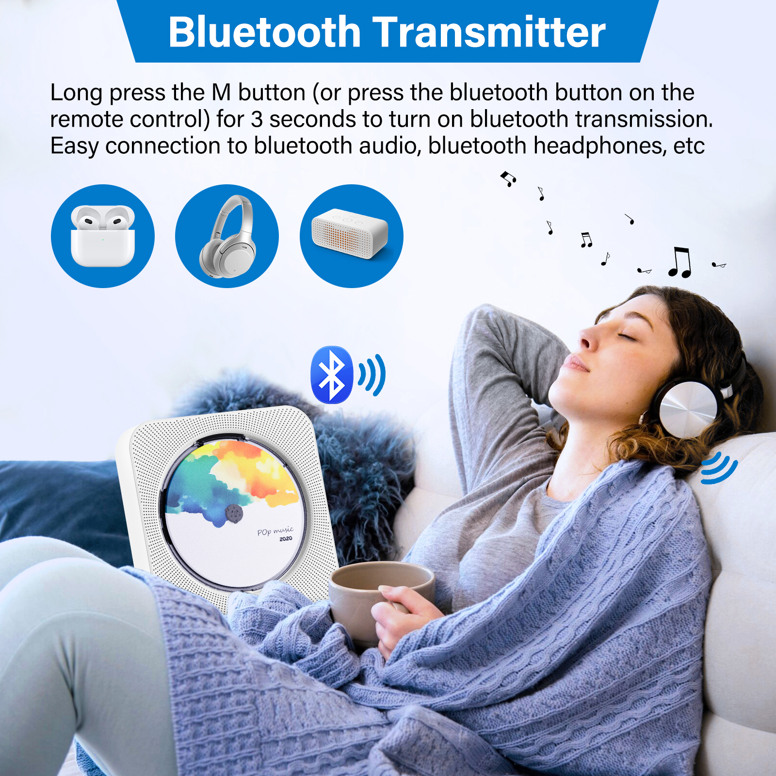Frau nutzt Bluetooth-Sender, um Musik zu hören. Enthält Bilder von Ohrhörern, Kopfhörern und Lautsprecher.
