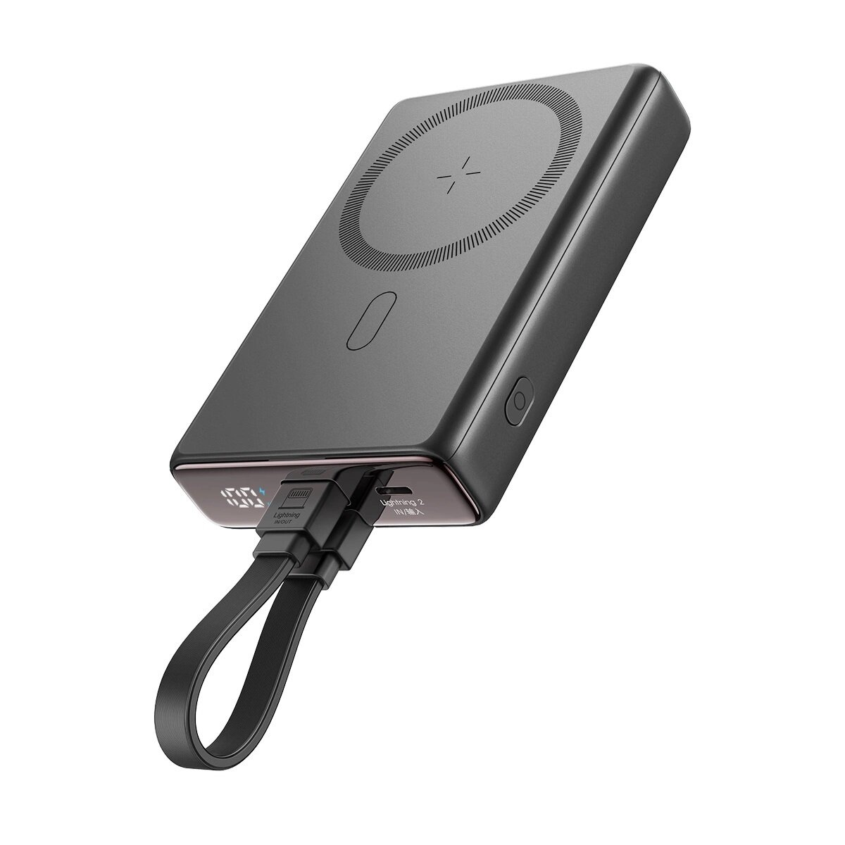 Schwarze Powerbank mit Ladekabel. Die Bank hat einen Bereich für kabelloses Laden.