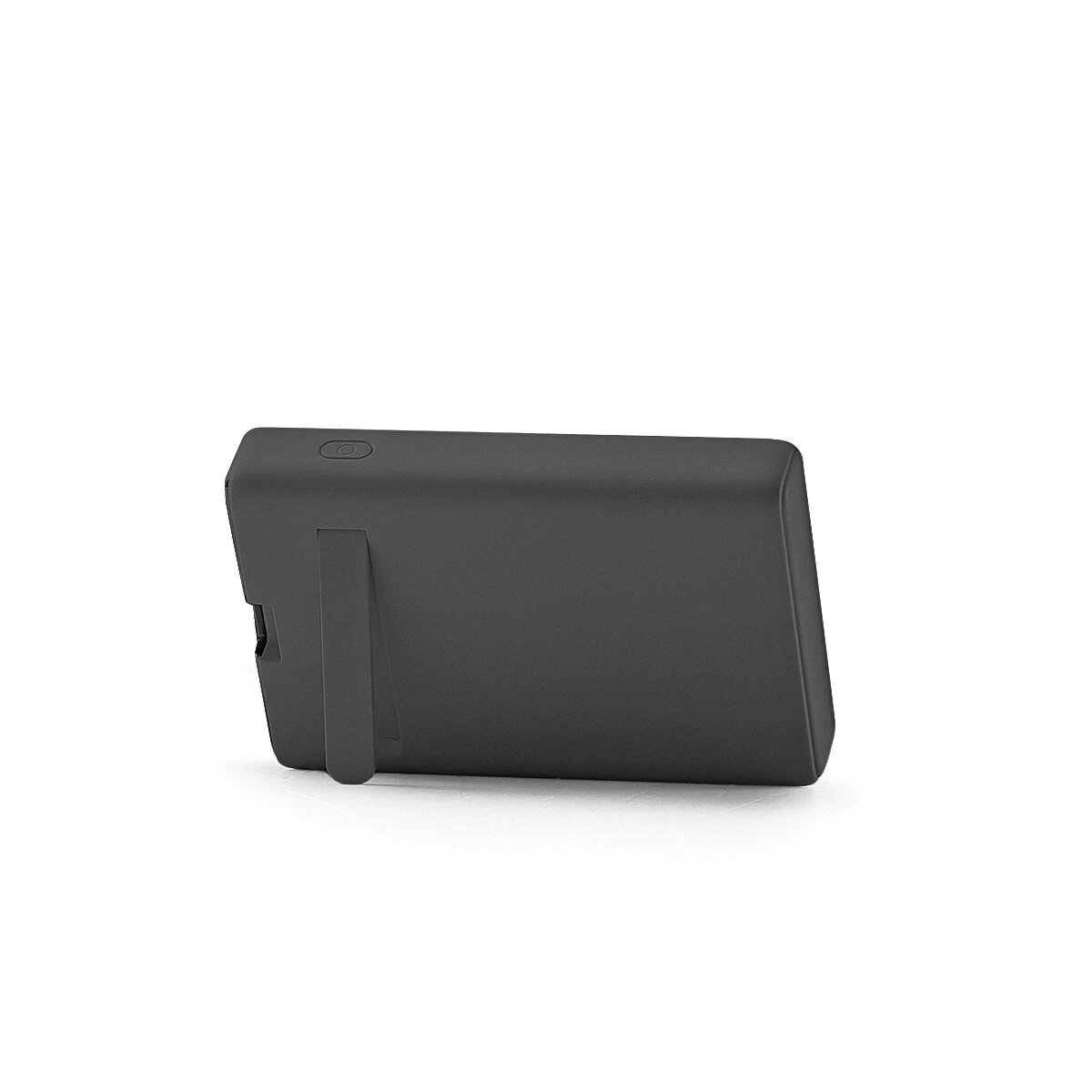 Ein kleines schwarzes Gerät mit einem Ständer an der Seite. Es ist höchstwahrscheinlich ein Monitor.