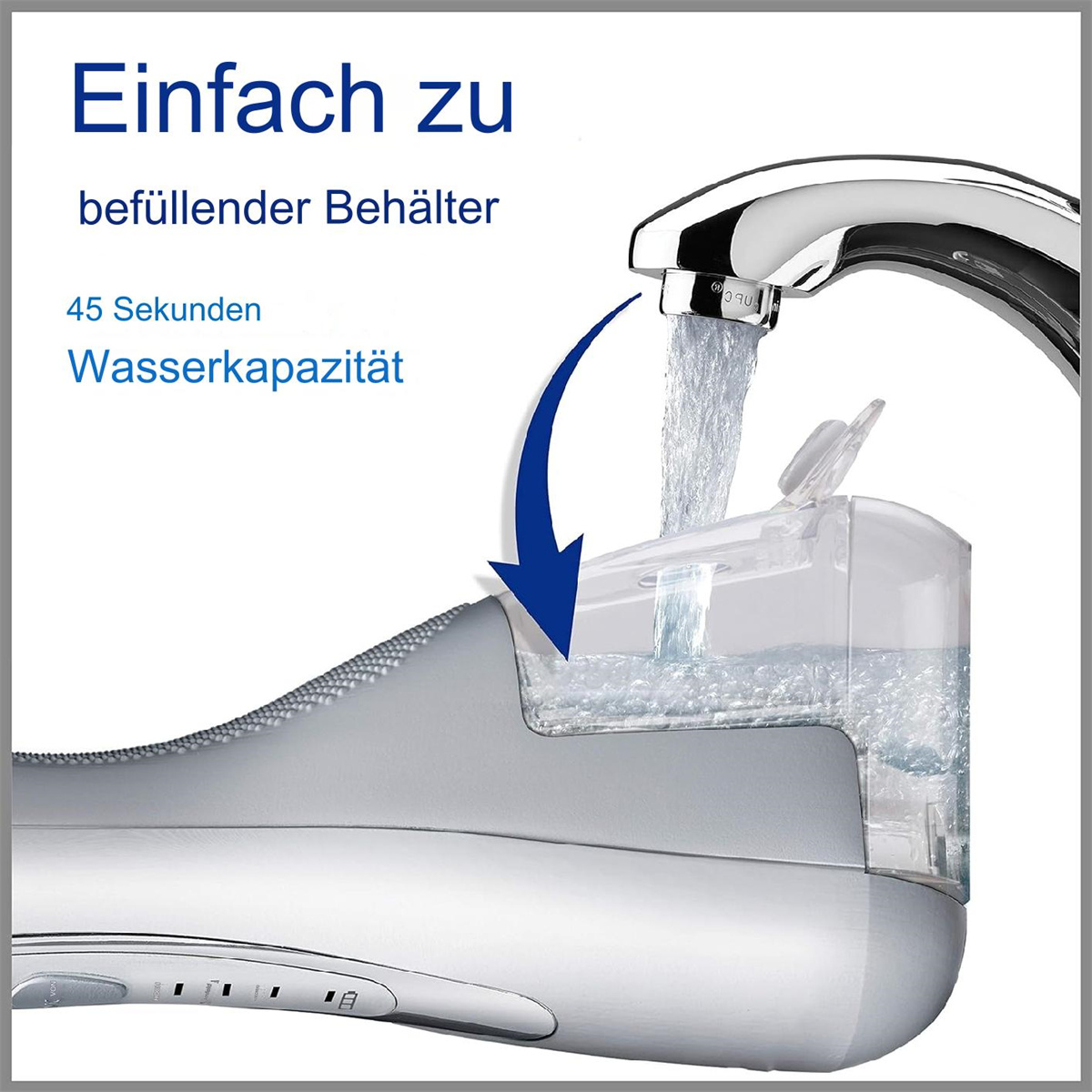 Wasser füllt einen Behälter. Ein Wasserhahn befindet sich darüber. Text zeigt Wasserkapazität und Zeit.
