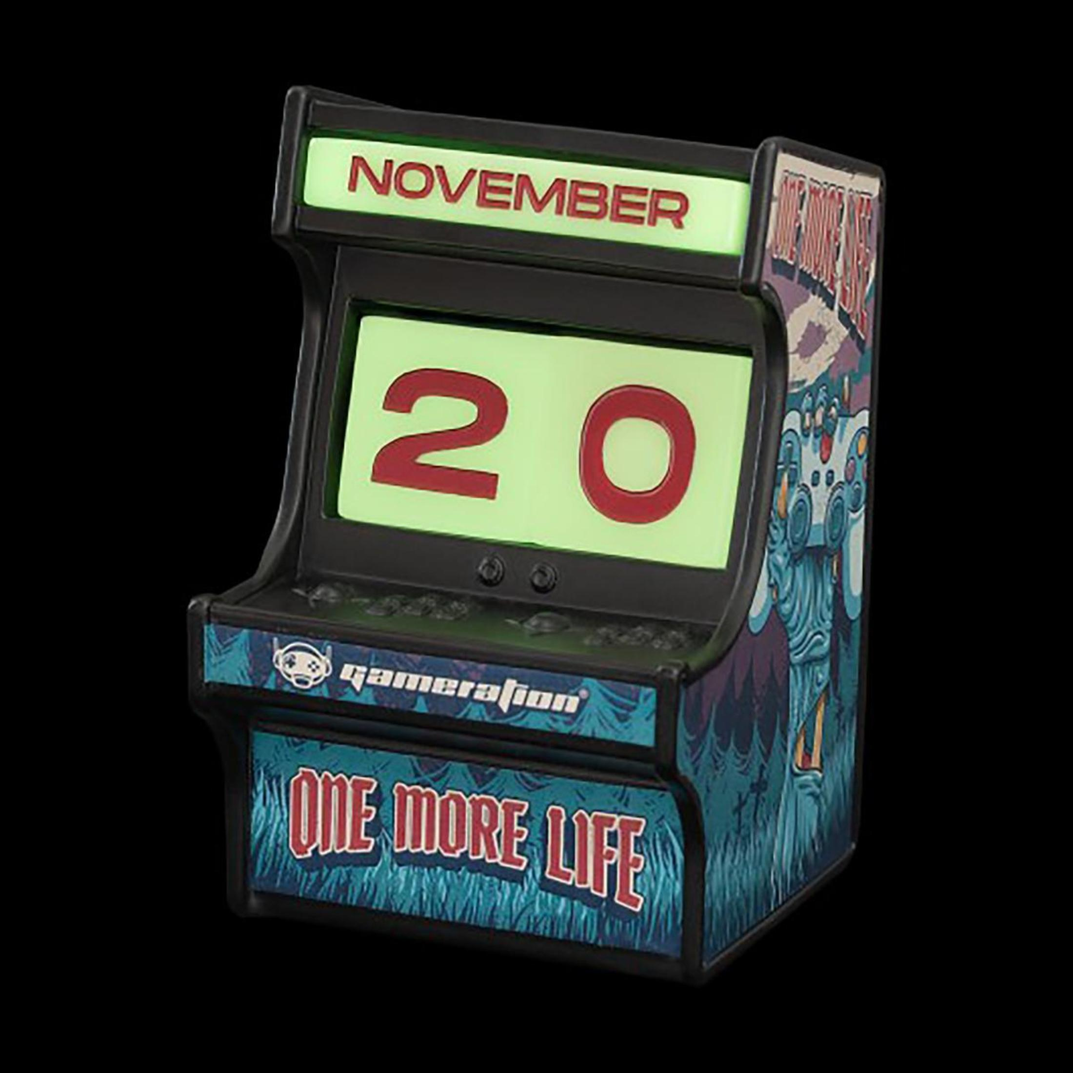 Eine Retro-Spielhallenuhr mit dem 20. November auf dem Bildschirm.