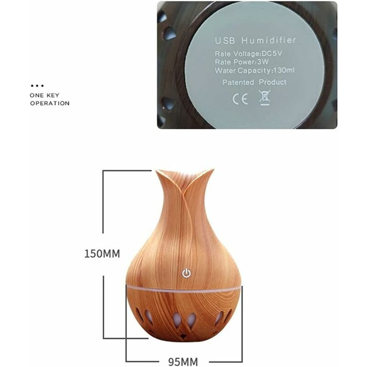 Holz-Aromadiffusor in Blumenform. Unten mit Belüftung und Licht, oben mit Text und Abmessungen.