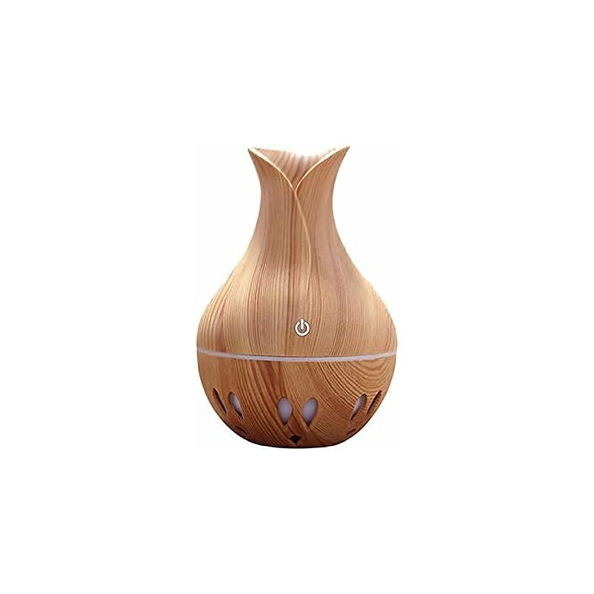 Ein Diffusor in Vasenform mit Holzoptik, einem Einschaltknopf und Löchern für die Lichtemission.