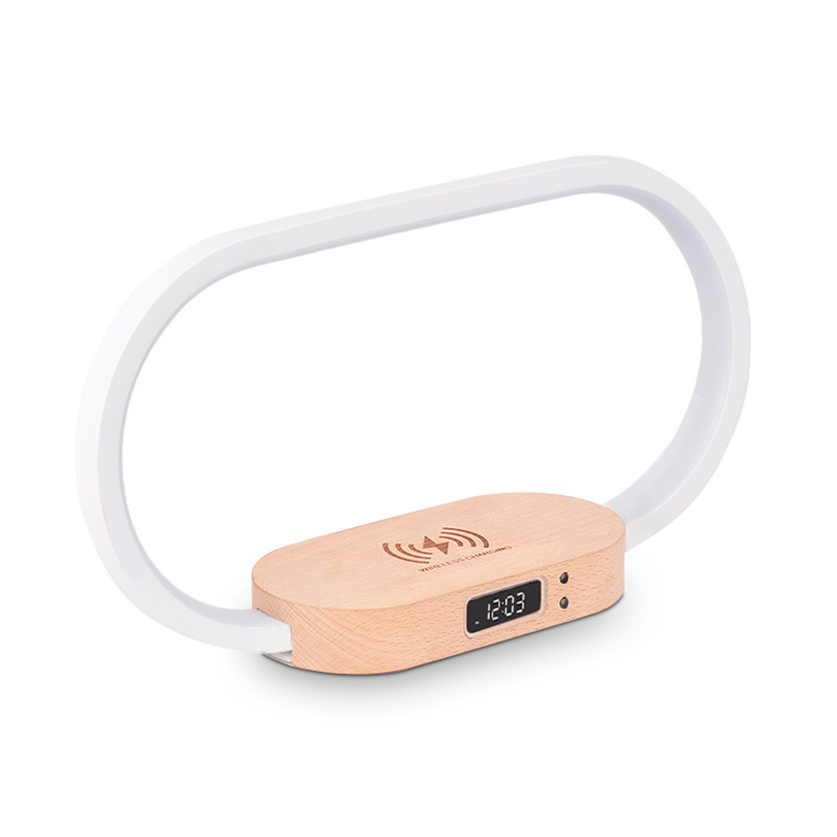 Weiß- und Holzton-Lampe mit kabelloser Ladestation. Digitaluhr-Anzeige.