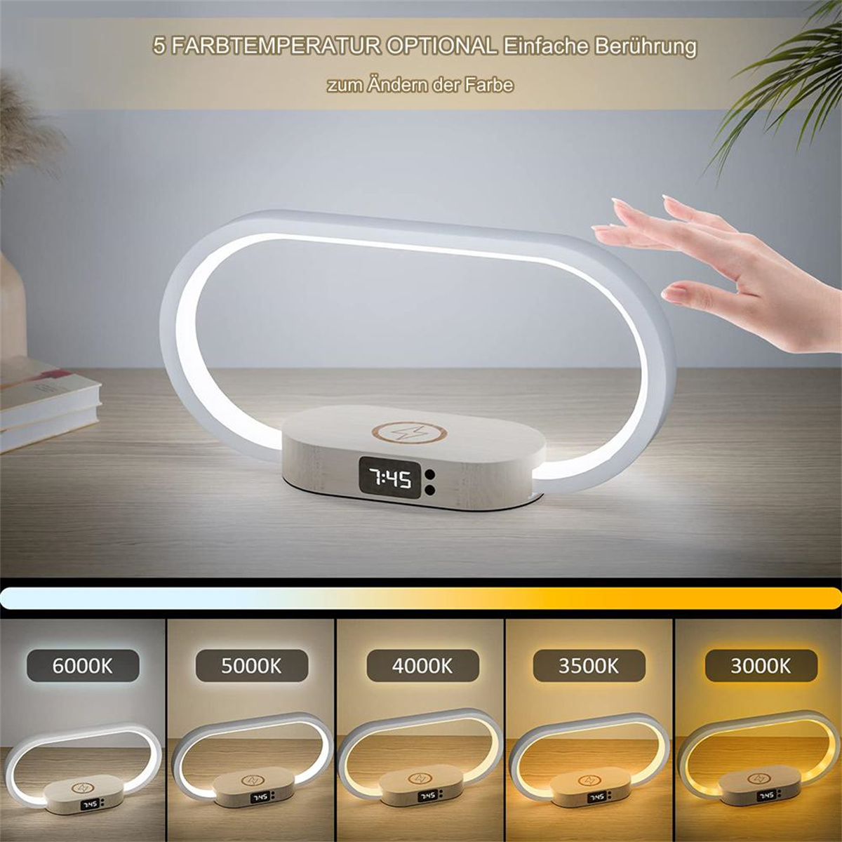 Moderne Lampe mit fünf Farbtemperaturen, berührungsgesteuert, auf Holzoberfläche.