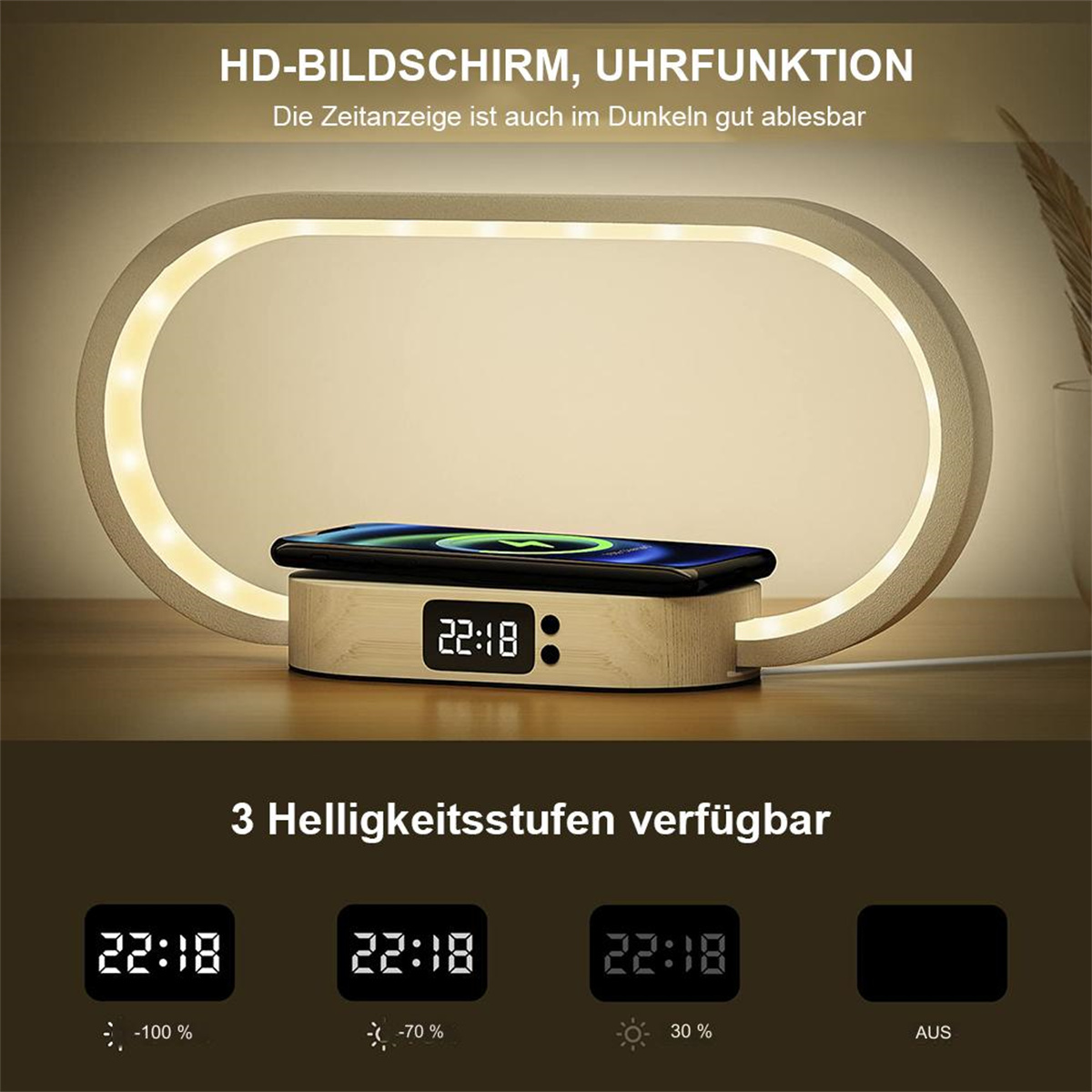 Eine Nachttischlampe mit einem Telefon darauf, das die Uhrzeit anzeigt. Die Lampe hat ein ovales Licht.