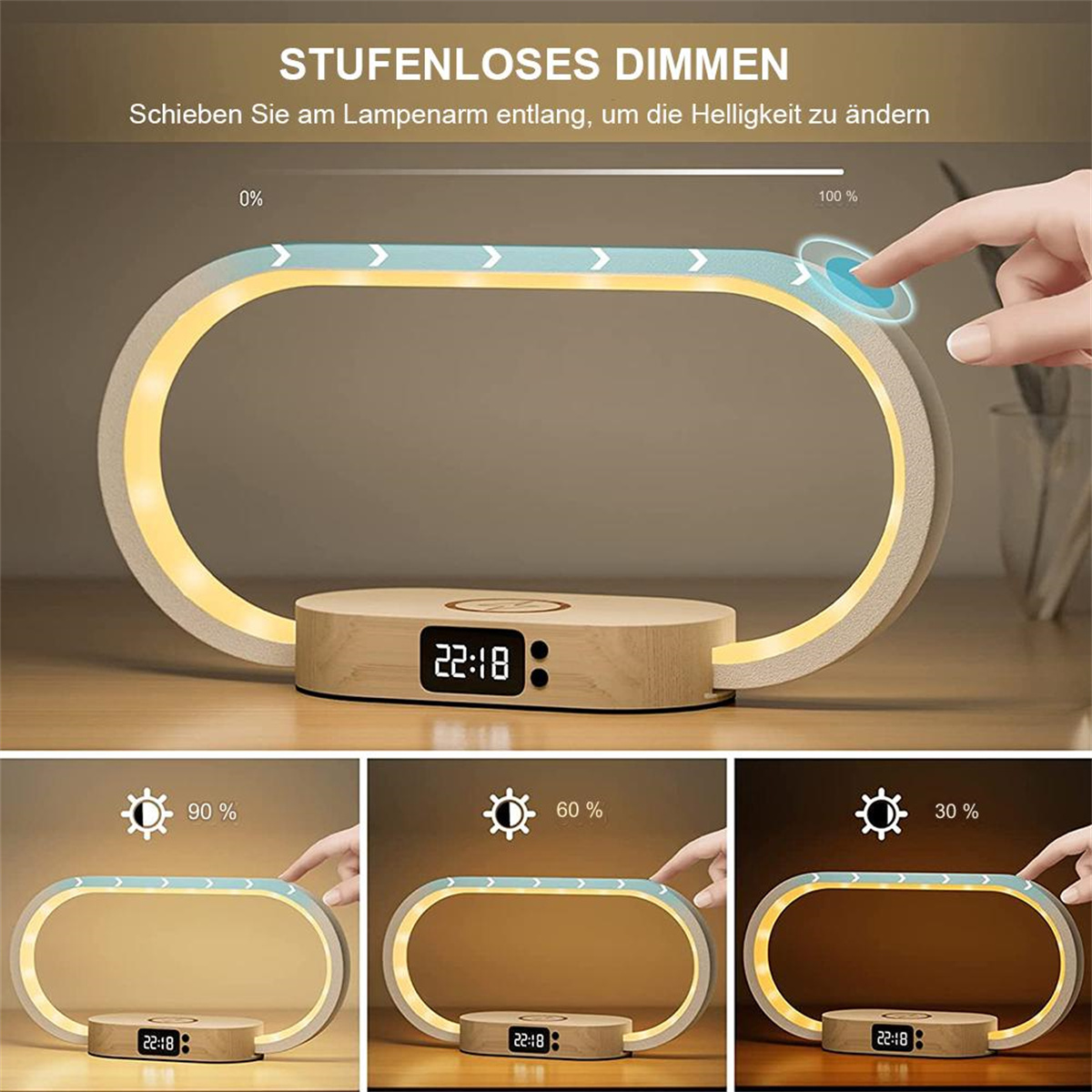 Eine moderne Lampe mit einstellbarer Helligkeit. Sie hat einen Holzsockel mit Digitaluhr.