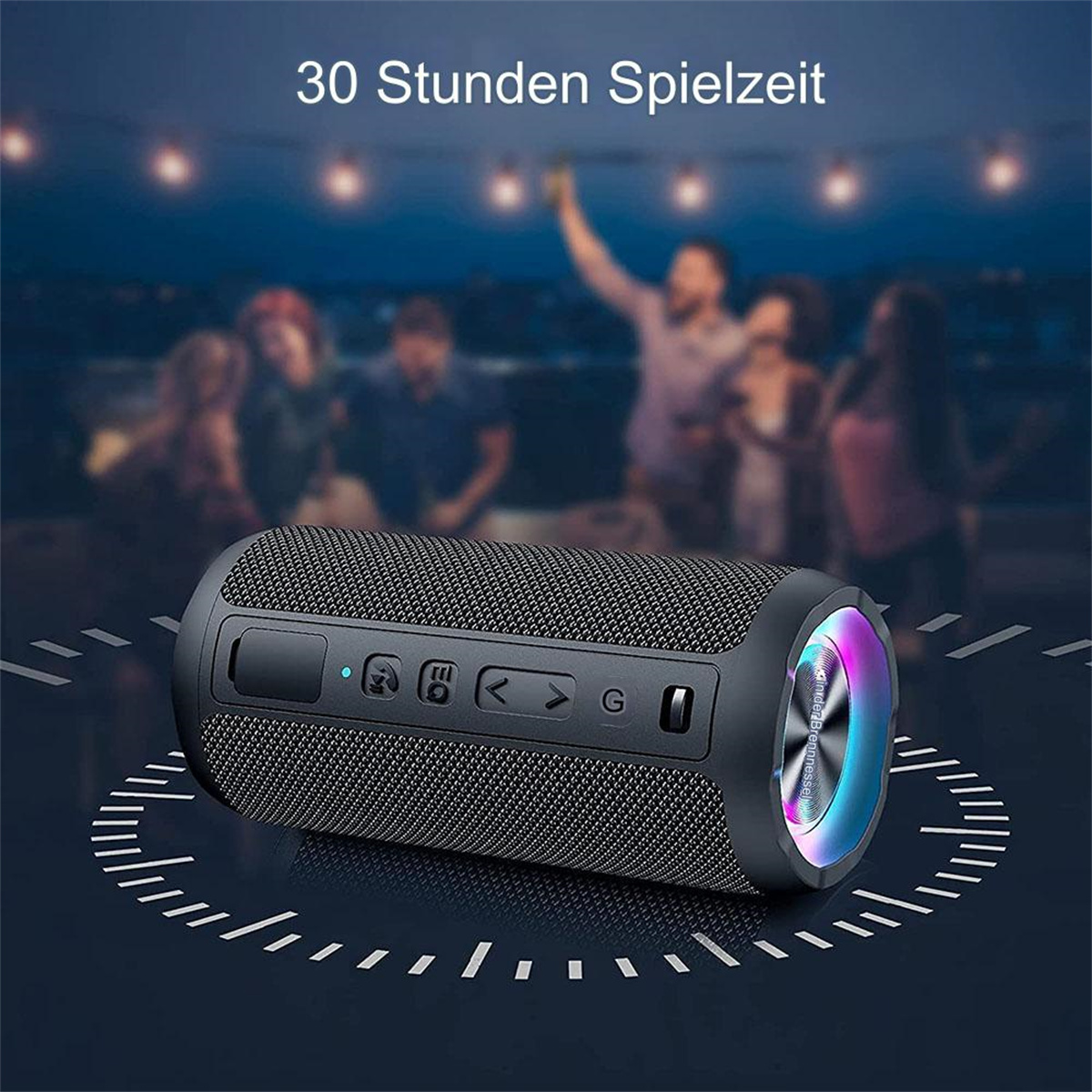 Schwarzer Lautsprecher mit farbigem Licht, auf weißer Oberfläche, mit Leuten im Hintergrund.