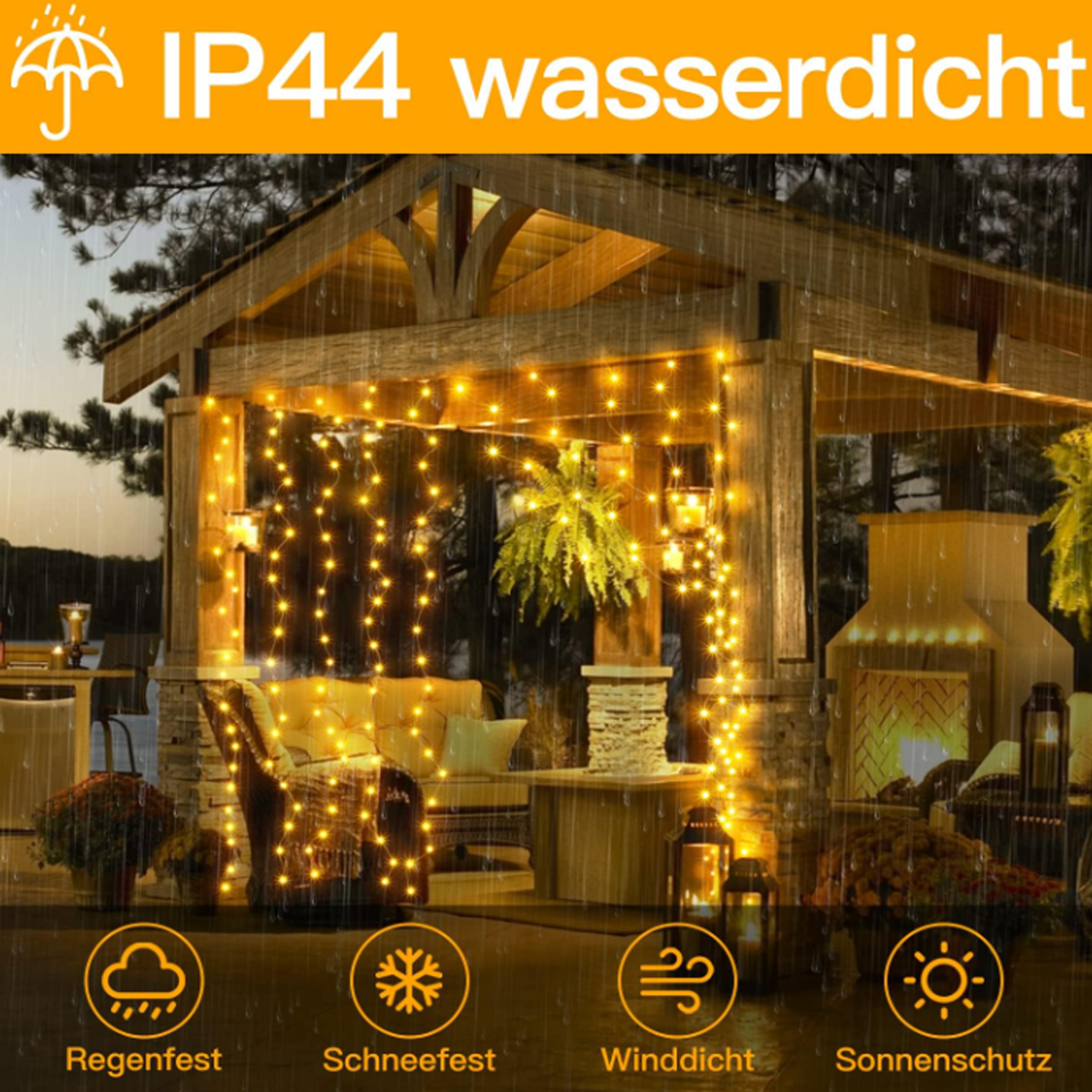 Outdoor-Holzkonstruktion mit Lichterketten, Sitzbereich und Symbolen für Regen- und Schneebeständigkeit.