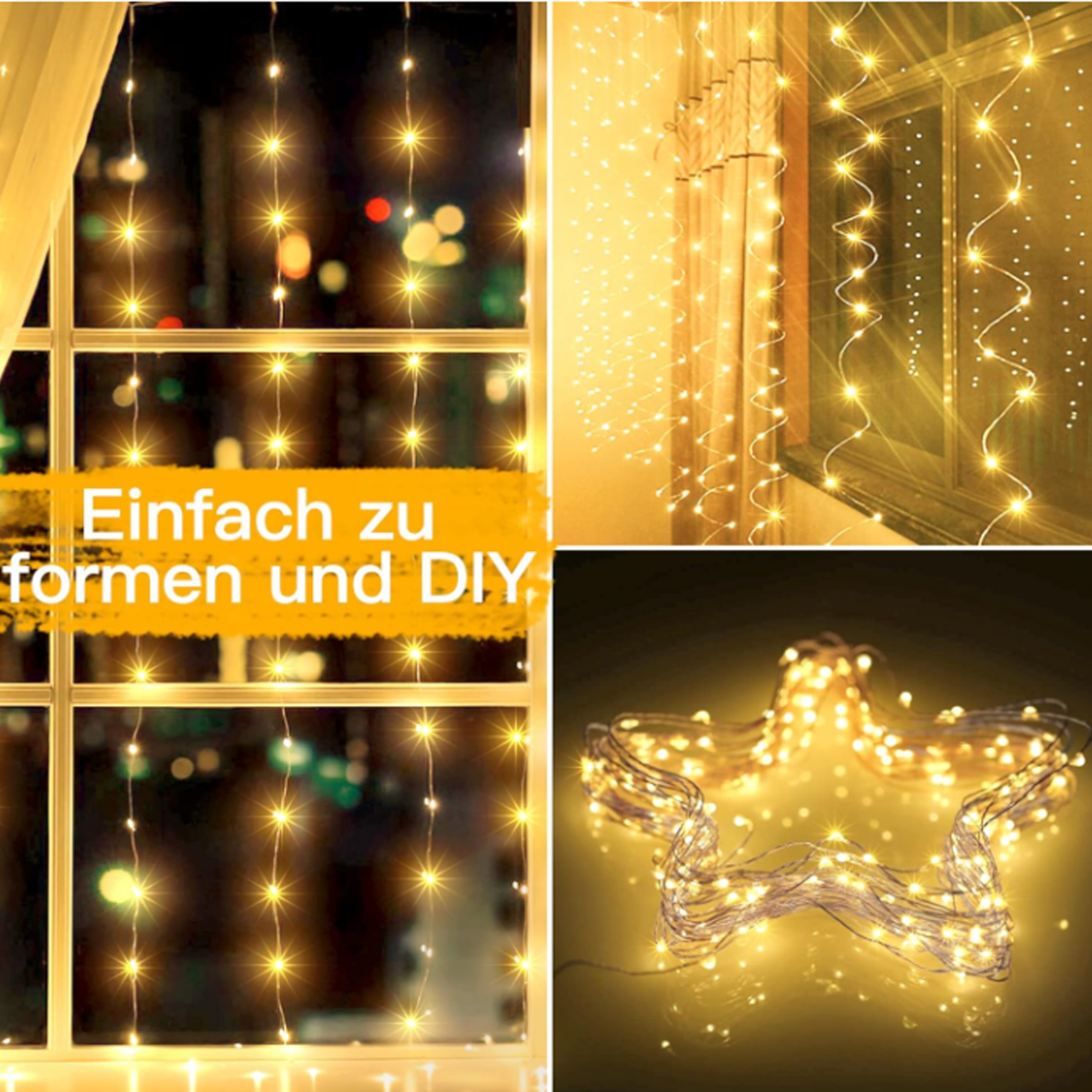 Lichter im Fenster. Dekorative Sternform und Text: "Einfach zu formen und DIY".