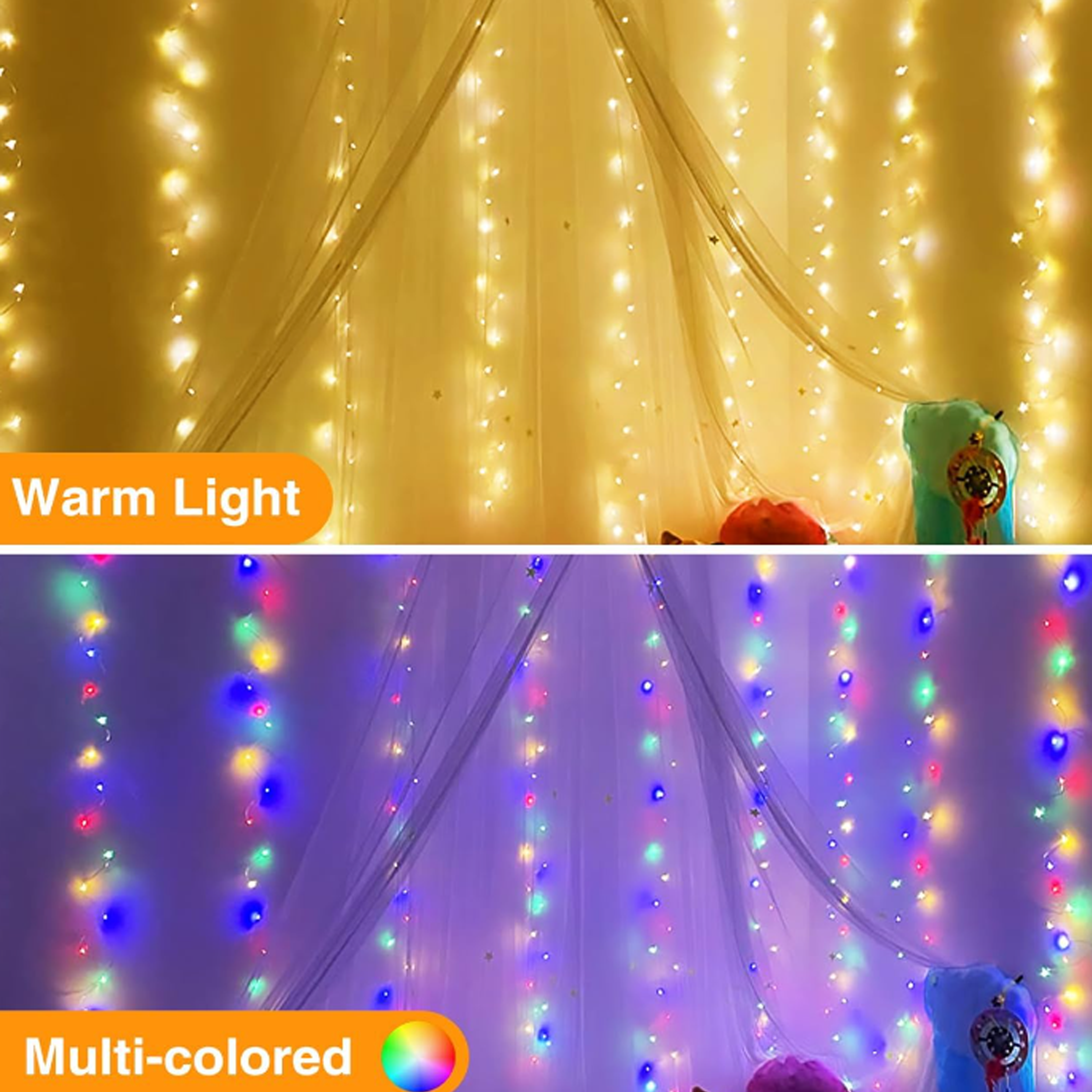 Zwei Bilder von Lichterketten: ein warmes Licht, ein mehrfarbiges. Die Lichter hängen vor einem Vorhanghintergrund.