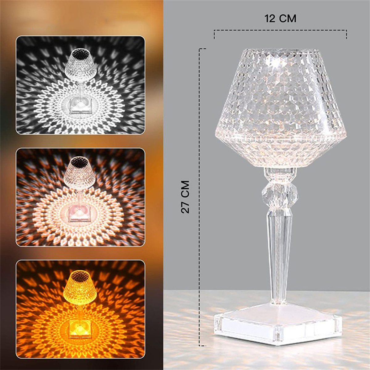 Eine Kristall-Tischlampe mit drei Beleuchtungseffektbeispielen und Abmessungen auf grauem Hintergrund.