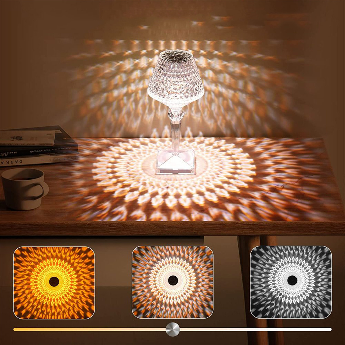 Eine Kristalllampe mit Licht und drei Lichtstiloptionen. Das Licht steht auf einem Tisch.
