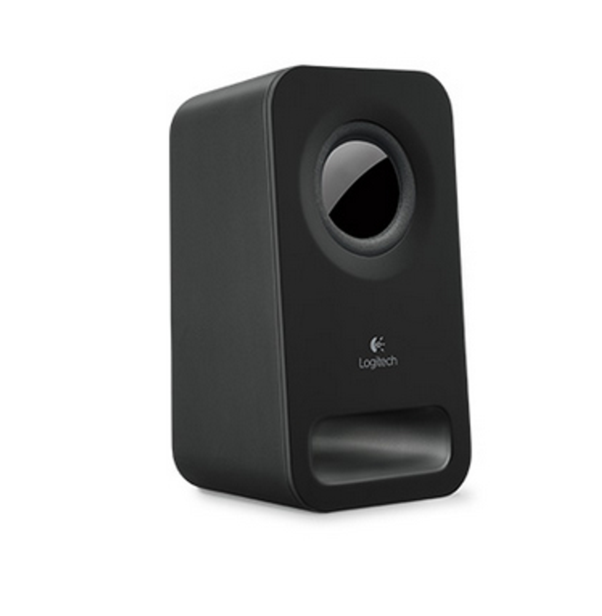 Un altoparlante Logitech nero. È un altoparlante piccolo e rettangolare con un altoparlante circolare e una fessura.