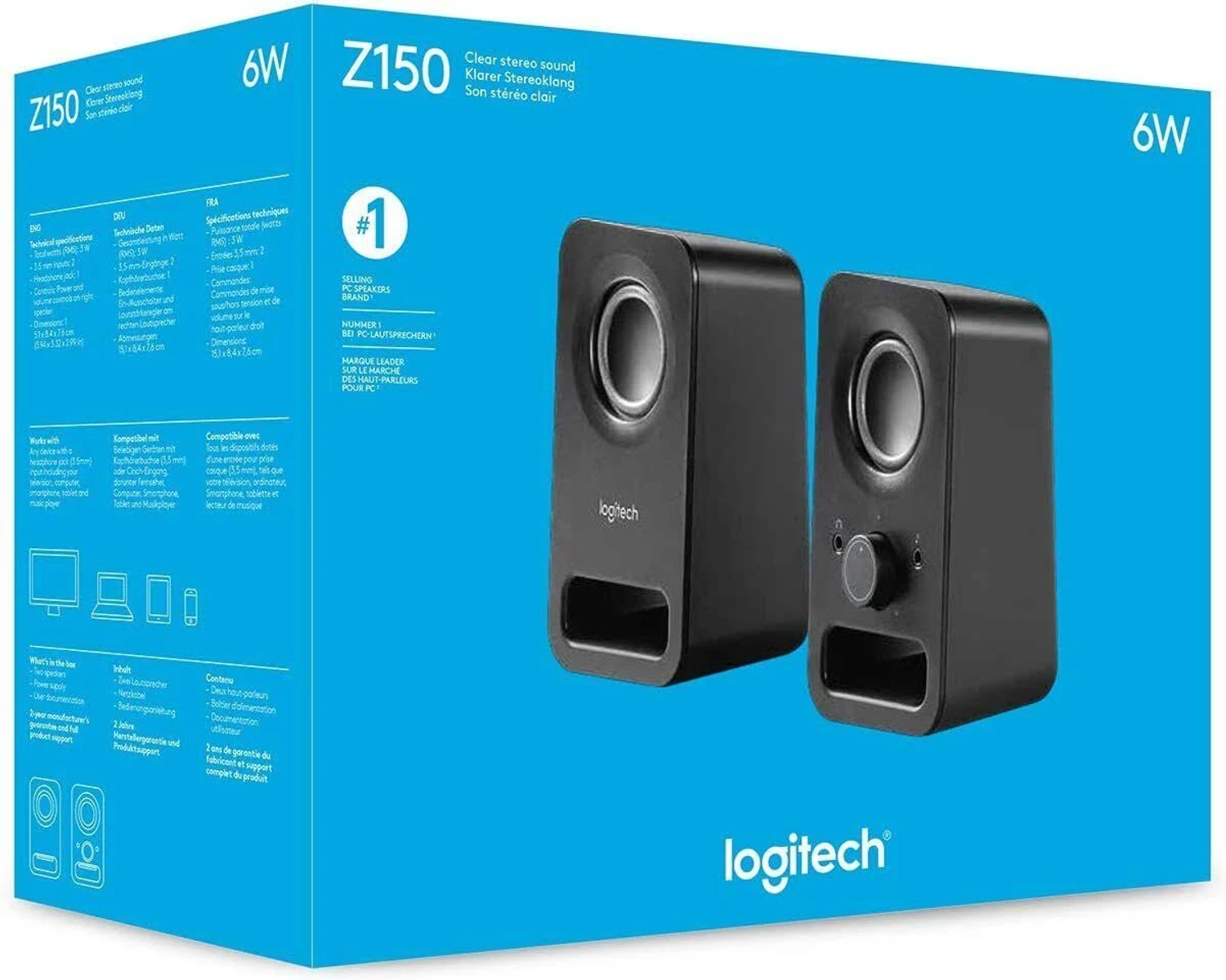 Caja con dos altavoces Logitech negros y texto. La caja muestra especificaciones y marca.